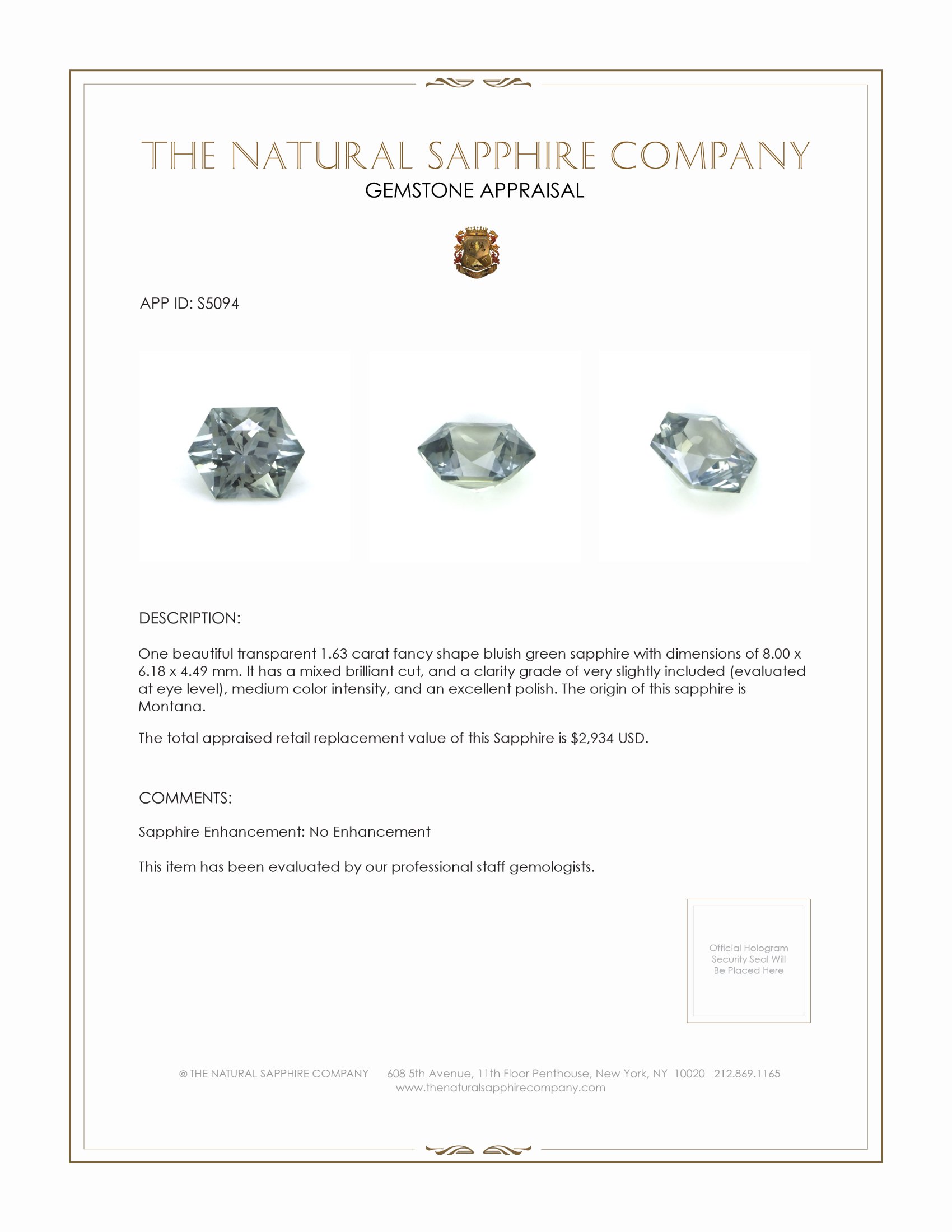 1.63 Ct. Bluish Green Sapphire from Montana