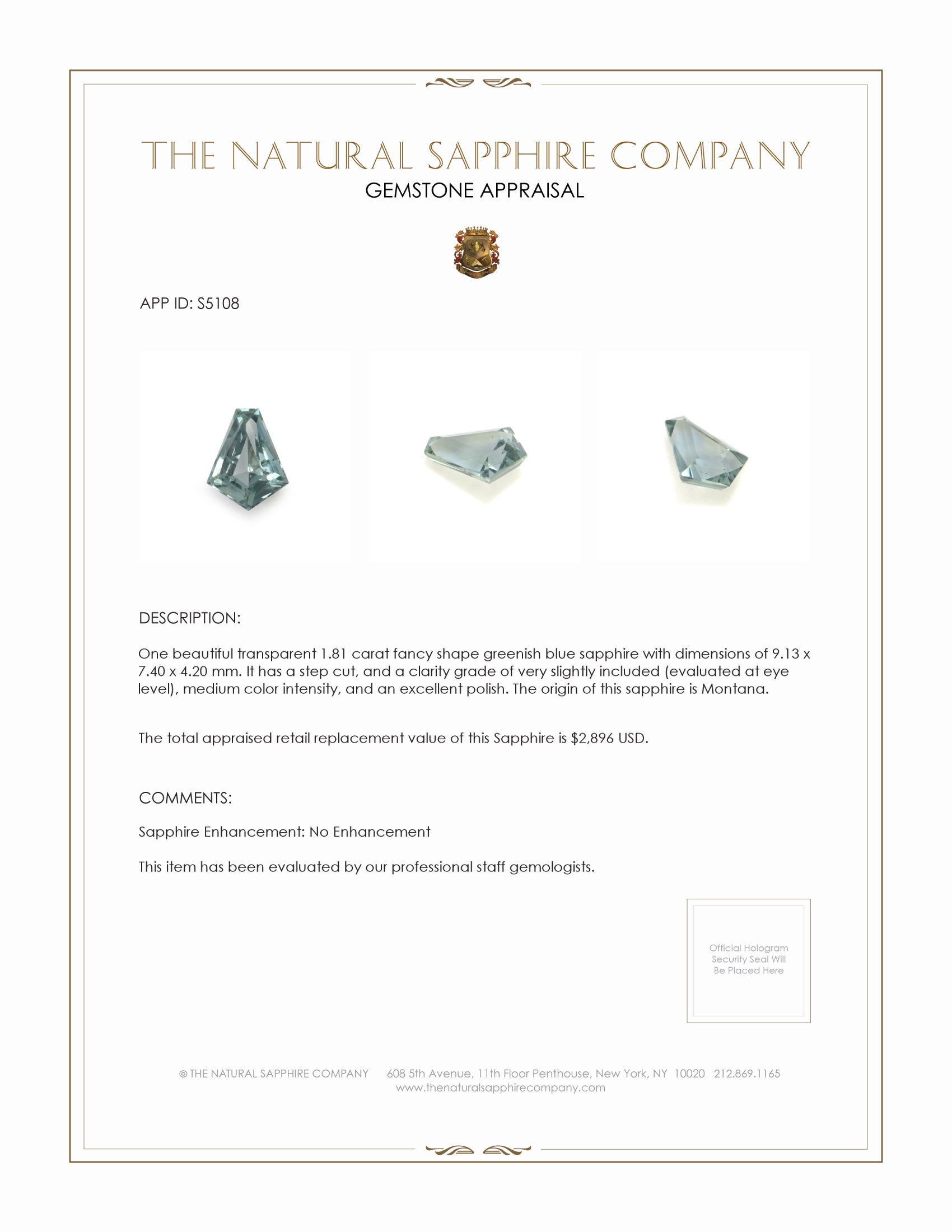 1.81 Ct. Greenish Blue Sapphire from Montana