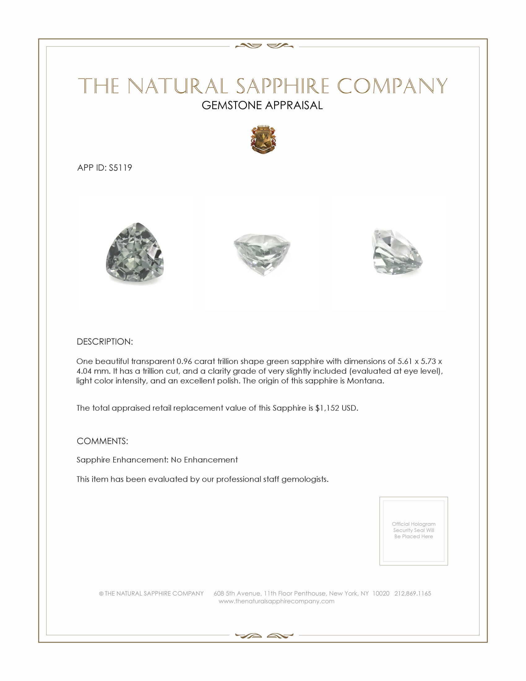 0.96 Ct. Green Sapphire from Montana