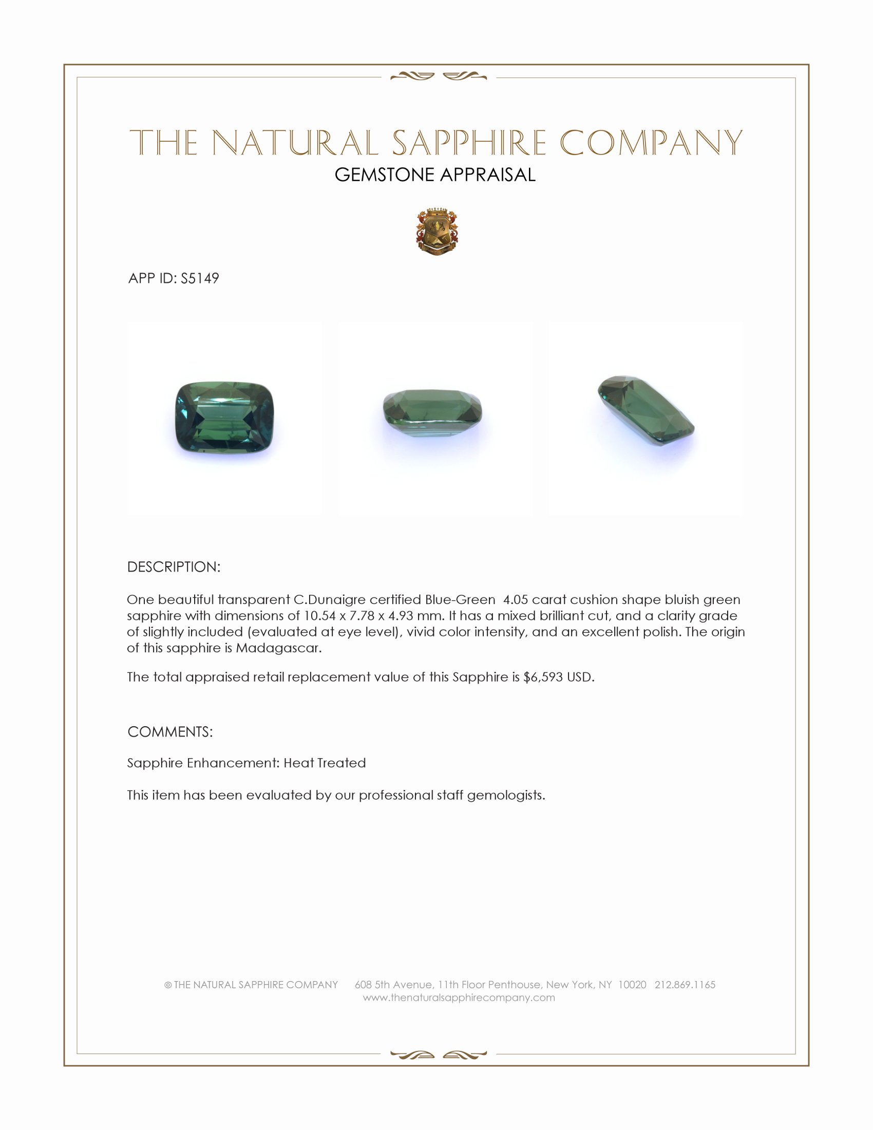 4.05 Ct. Bluish Green Sapphire from Madagascar
