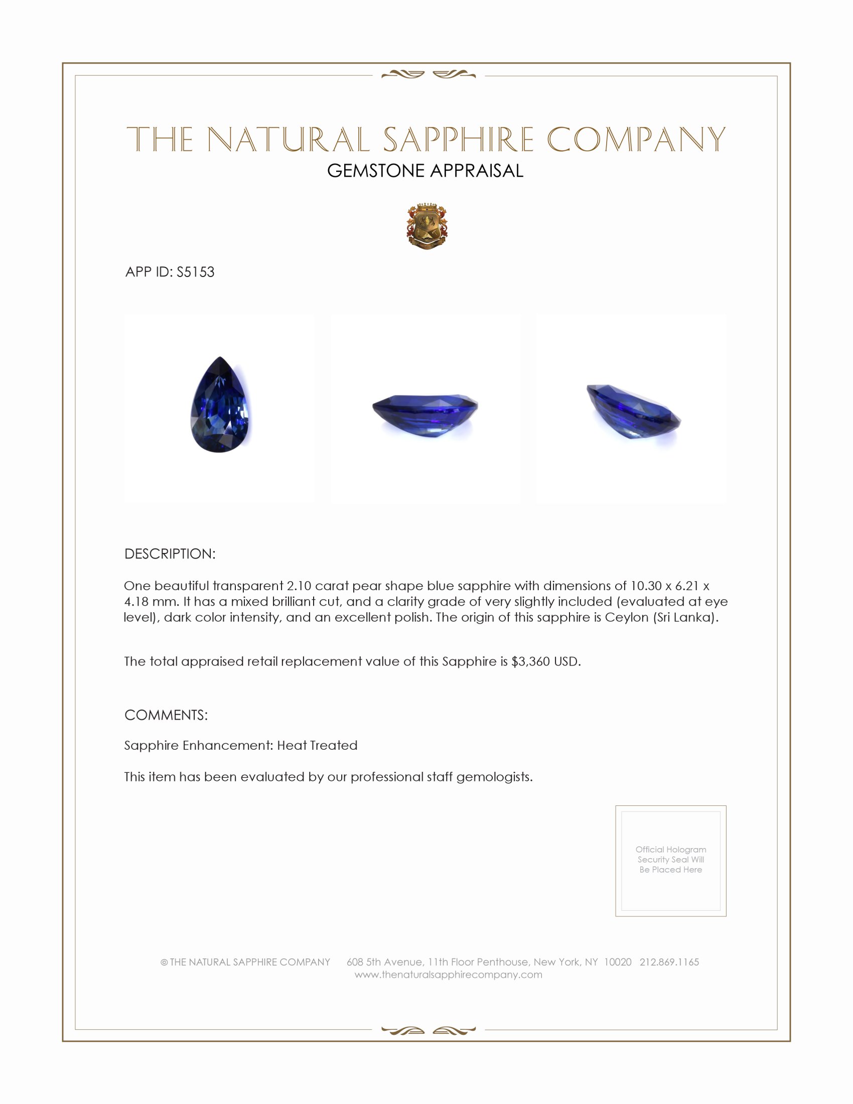 2.10 Ct. Blue Sapphire from Ceylon (Sri Lanka)