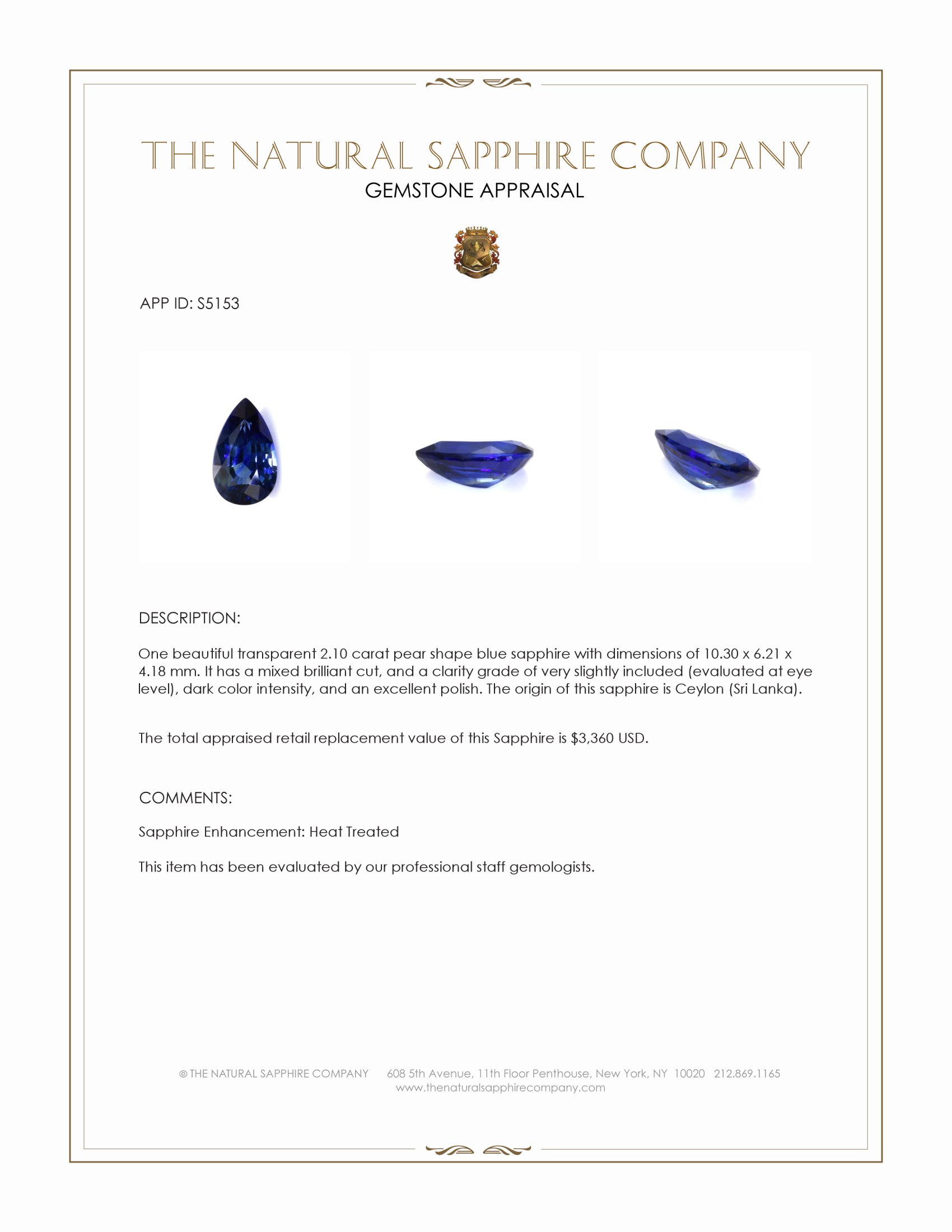 2.10 Ct. Blue Sapphire from Ceylon (Sri Lanka)