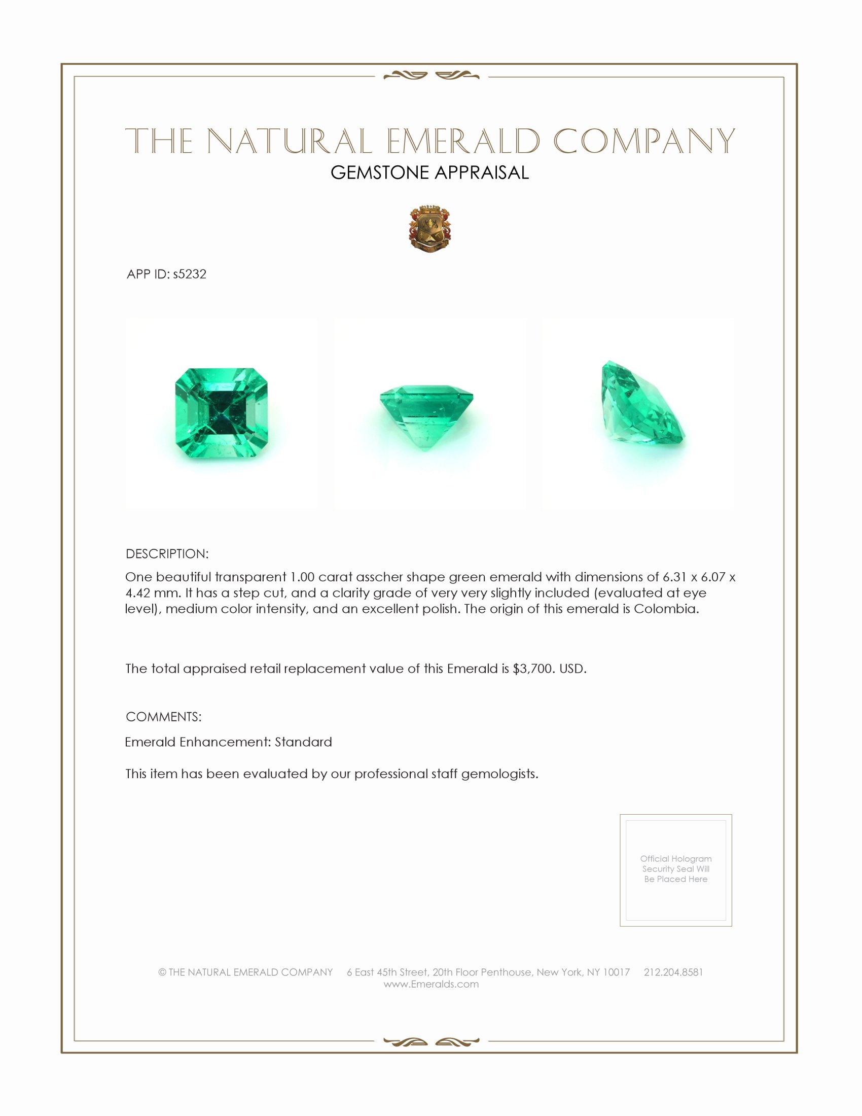 1.00 Ct. Emerald from Colombia