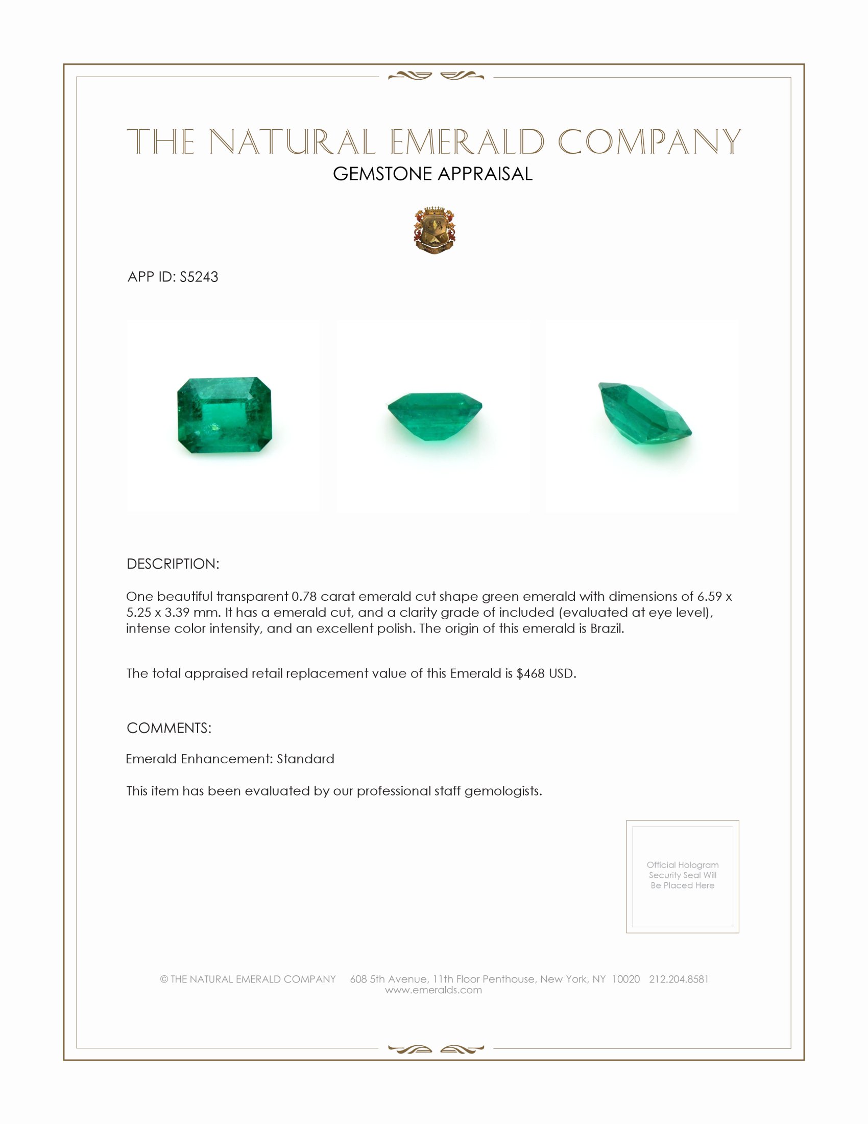 0.78 Ct. Emerald from Brazil