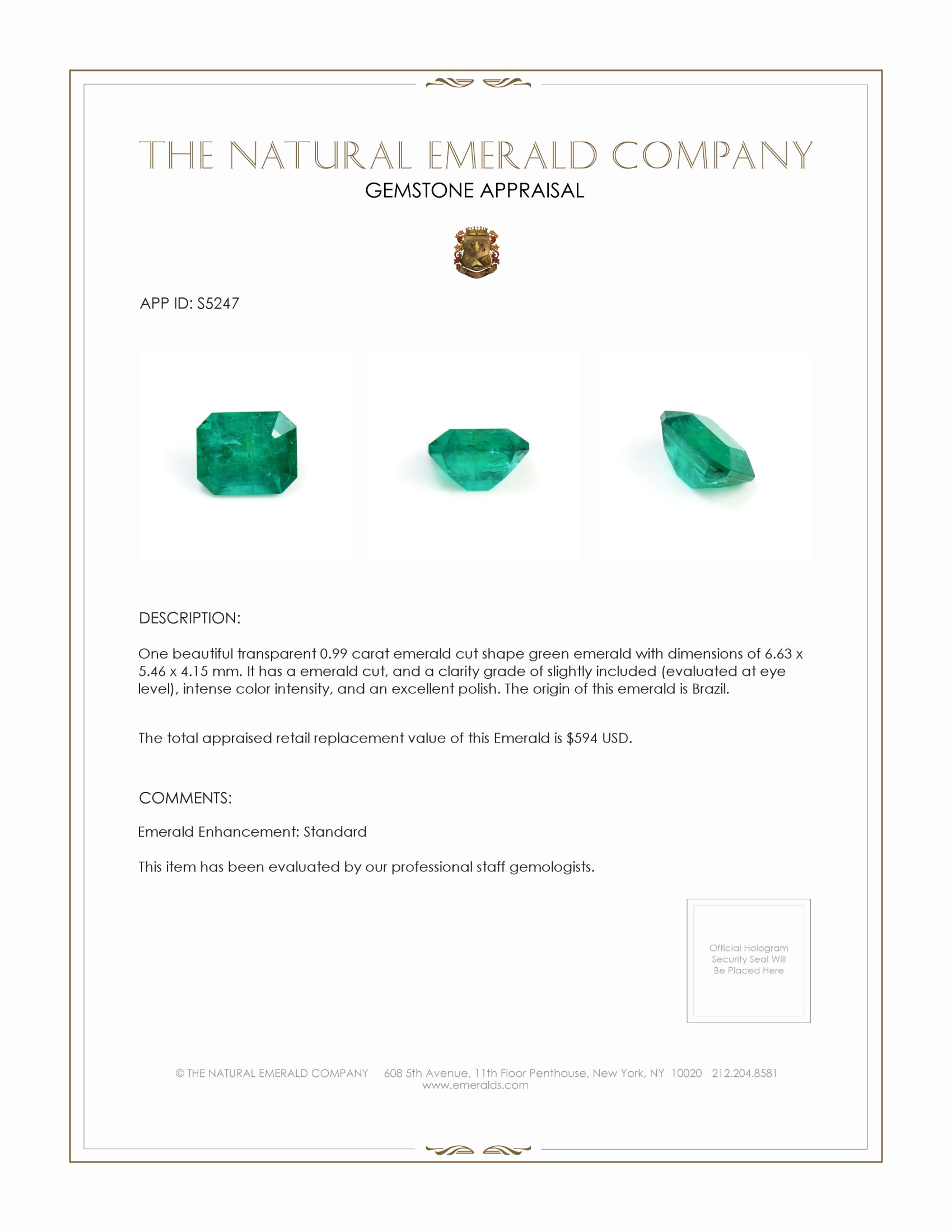 0.99 Ct. Emerald from Brazil