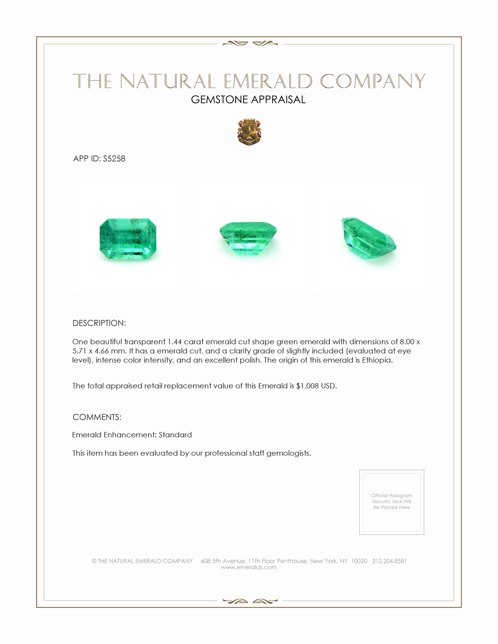 1.44 Ct. Emerald from Ethiopia