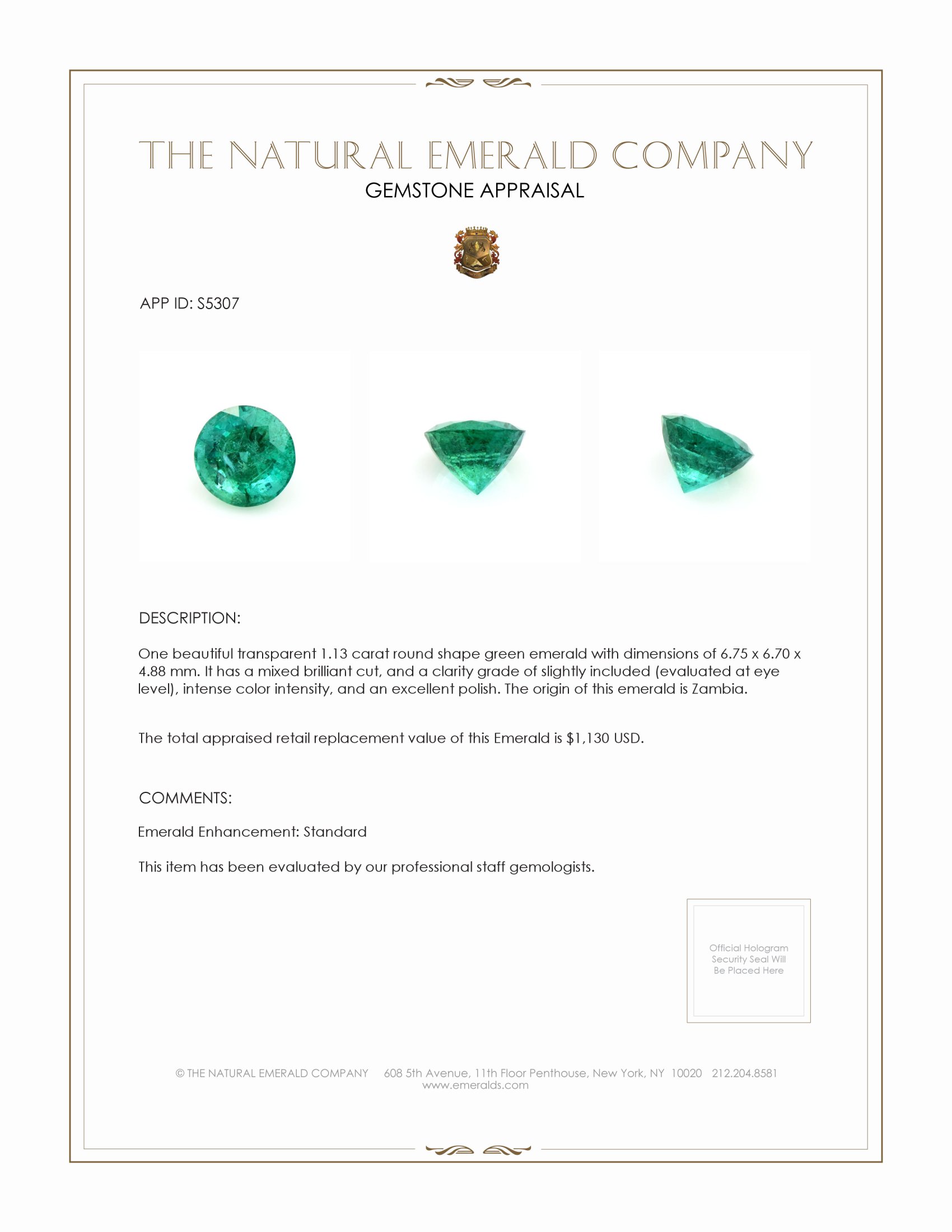 1.13 Ct. Emerald from Zambia