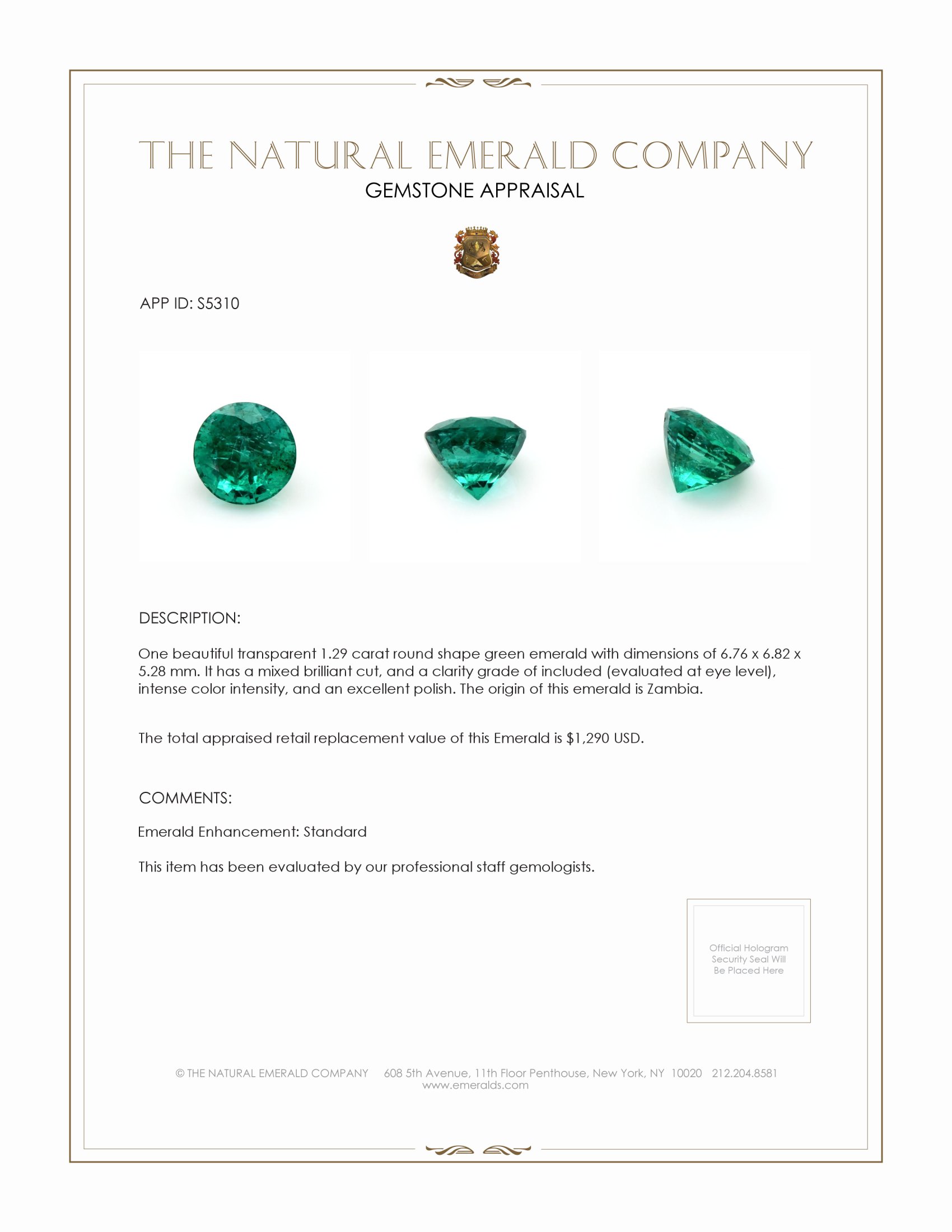 1.29 Ct. Emerald from Zambia