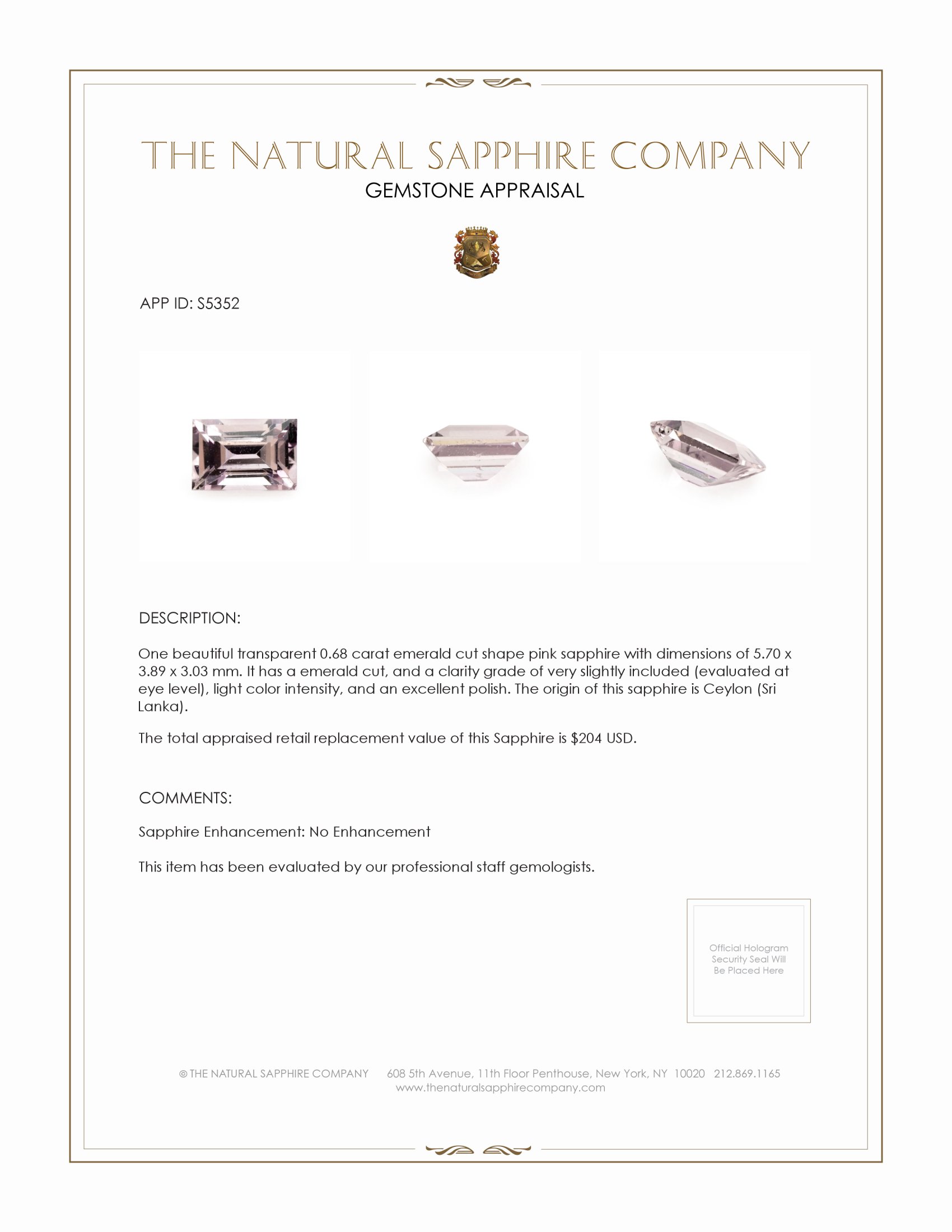 0.68 Ct. Pink Sapphire from Ceylon (Sri Lanka)