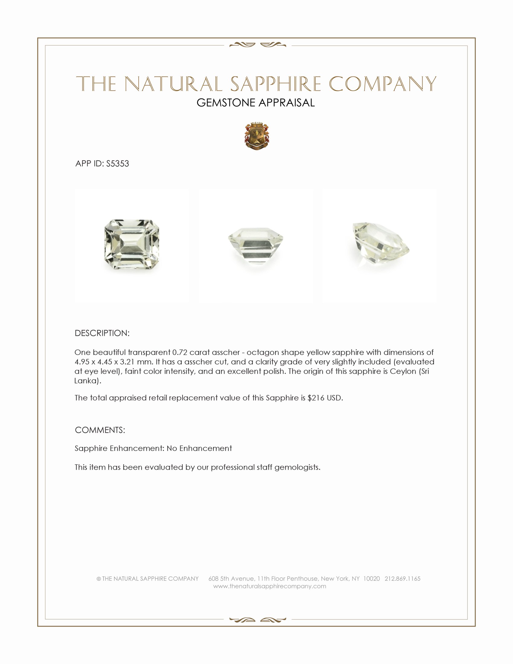 0.72 Ct. Yellow Sapphire from Ceylon (Sri Lanka)