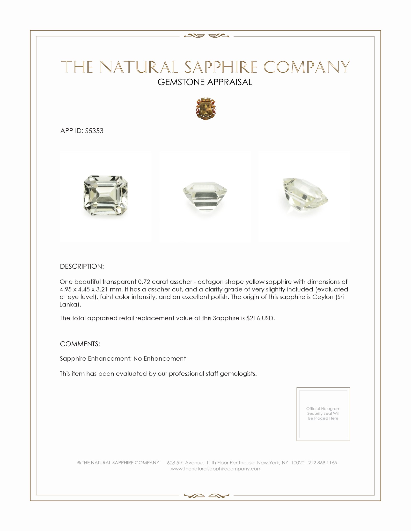 0.72 Ct. Yellow Sapphire from Ceylon (Sri Lanka)