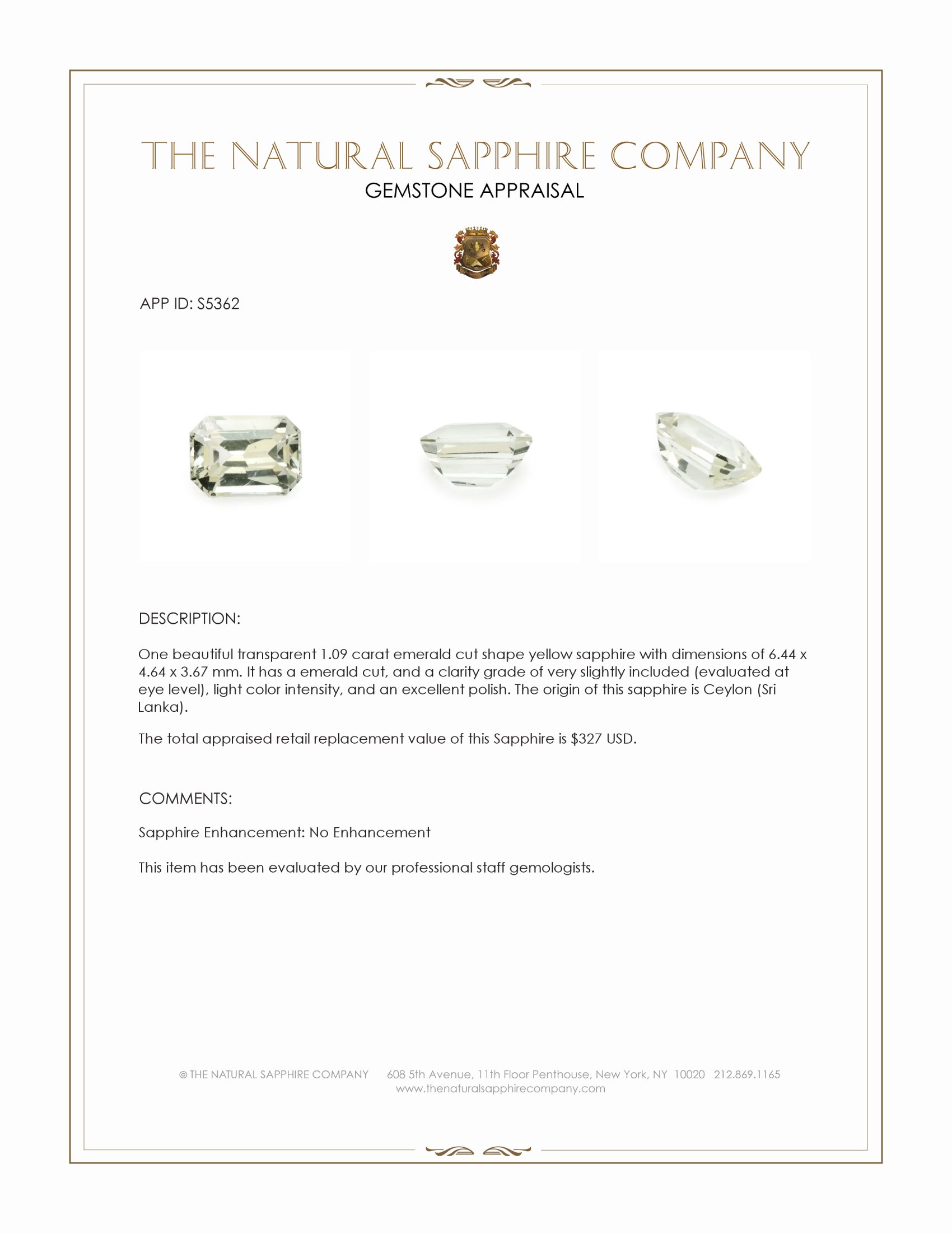 1.09 Ct. Yellow Sapphire from Ceylon (Sri Lanka)