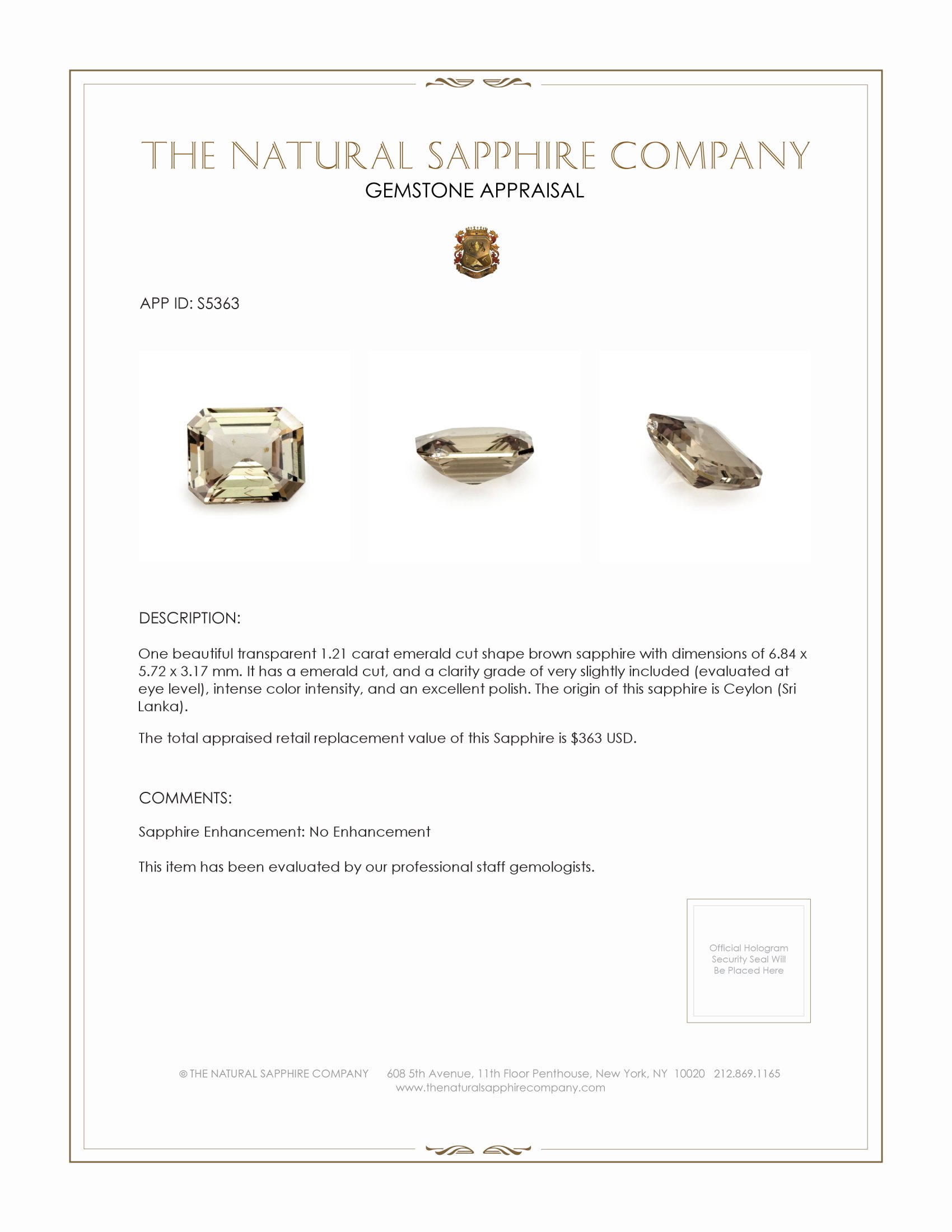 1.21 Ct. Brown Sapphire from Ceylon (Sri Lanka)