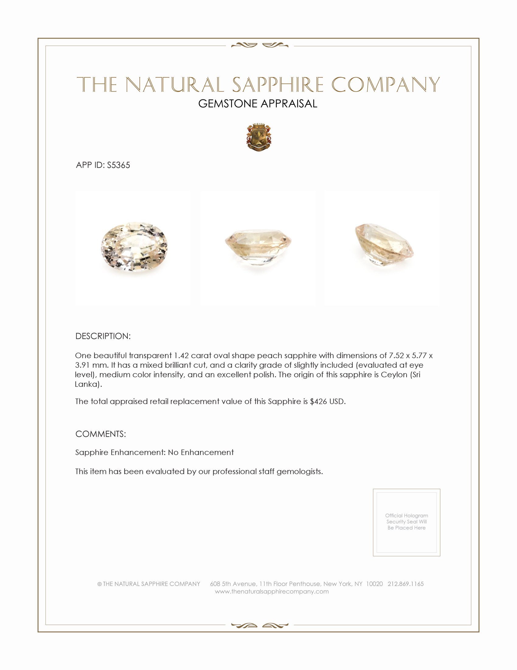 1.42 Ct. Peach Sapphire from Ceylon (Sri Lanka)