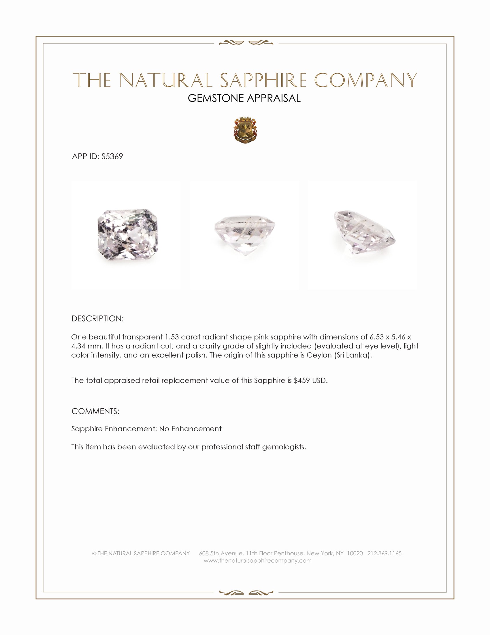 1.53 Ct. Pink Sapphire from Ceylon (Sri Lanka)