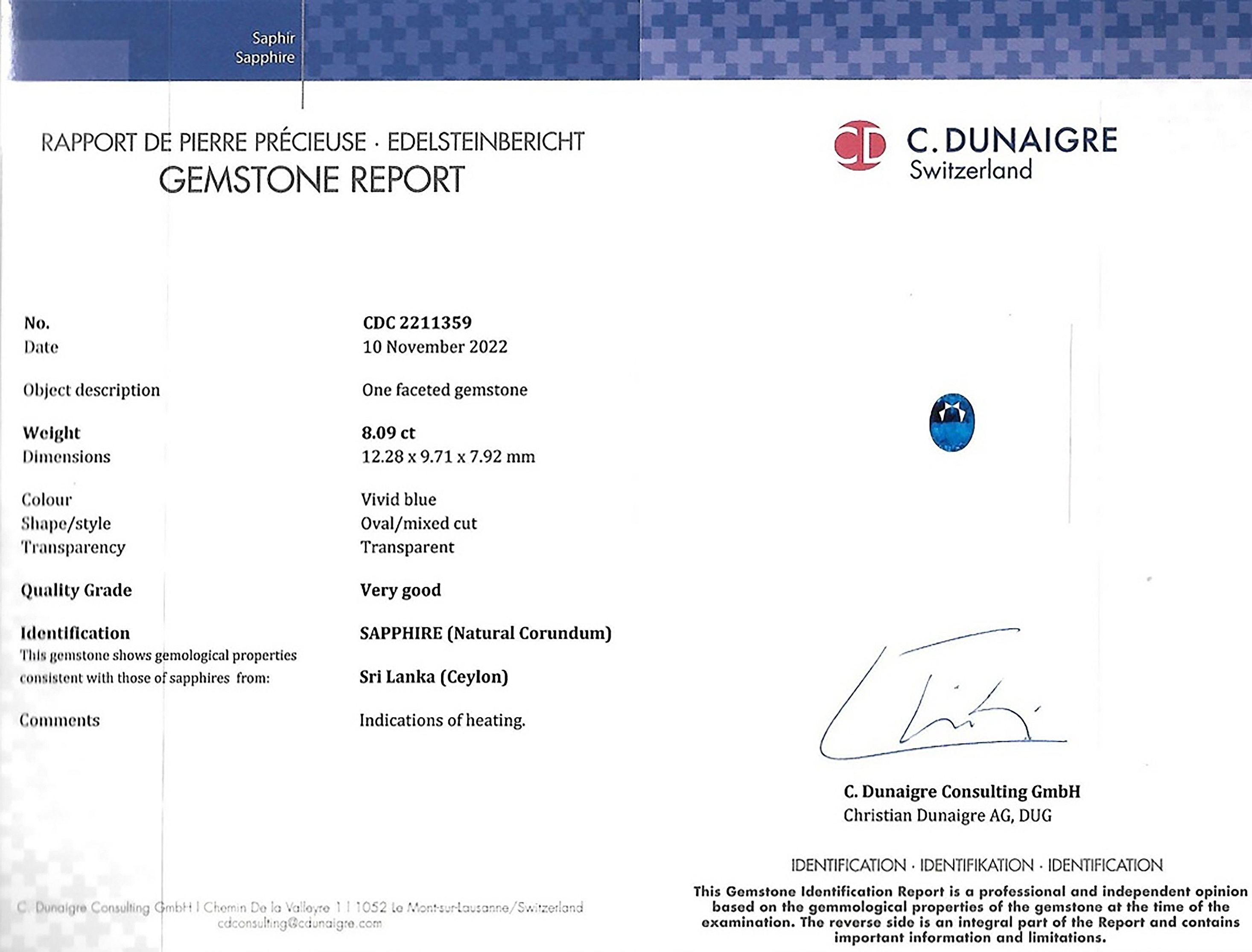 8.09 Ct. Blue Sapphire from Ceylon (Sri Lanka)