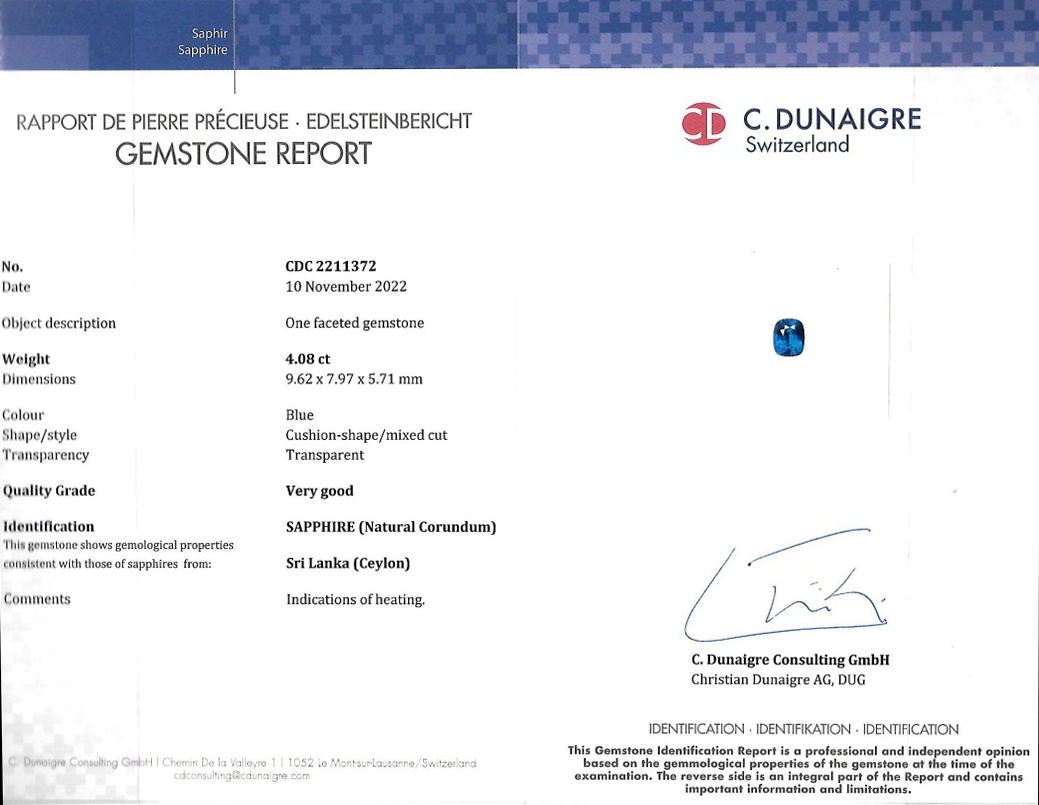 4.08 Ct. Blue Sapphire from Ceylon (Sri Lanka)