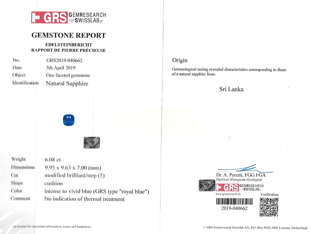 6.08 Ct. Blue Sapphire from Ceylon (Sri Lanka)