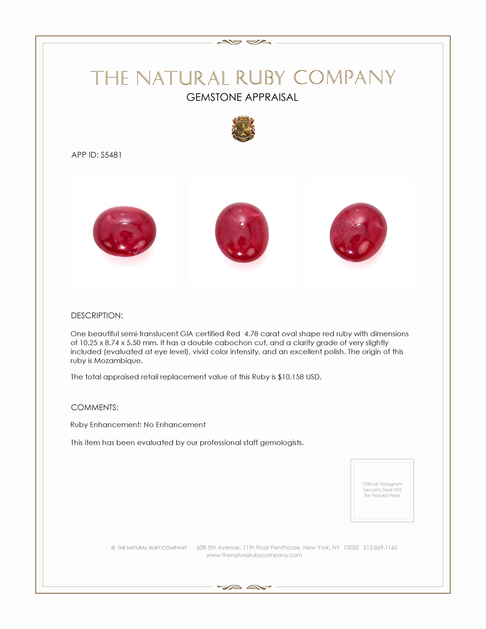 4.78 Ct. Cabochon Ruby from Mozambique