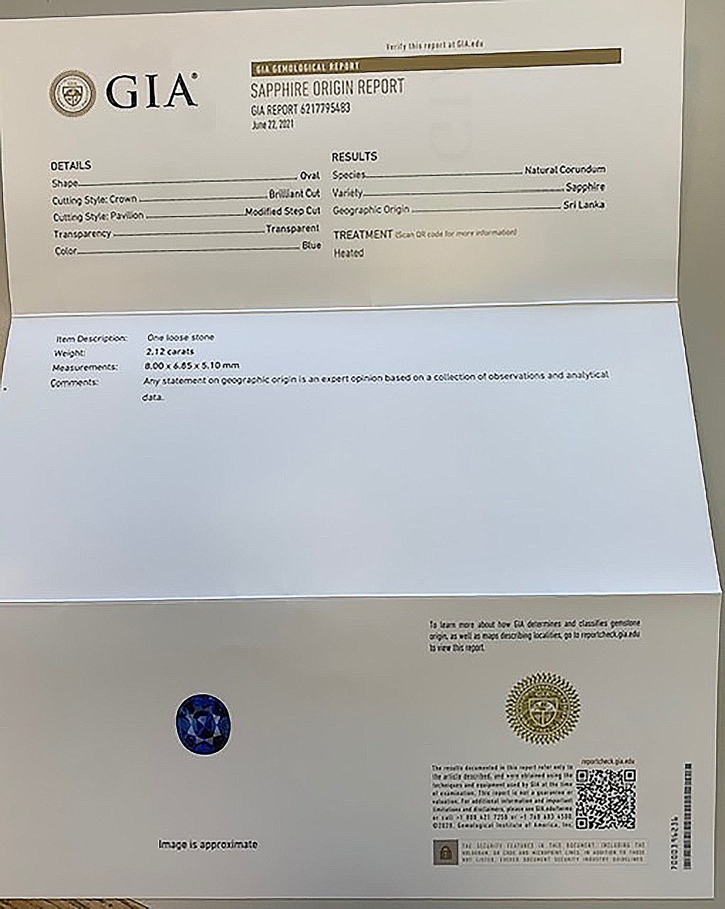 2.12 Ct. Blue Sapphire from Ceylon (Sri Lanka)