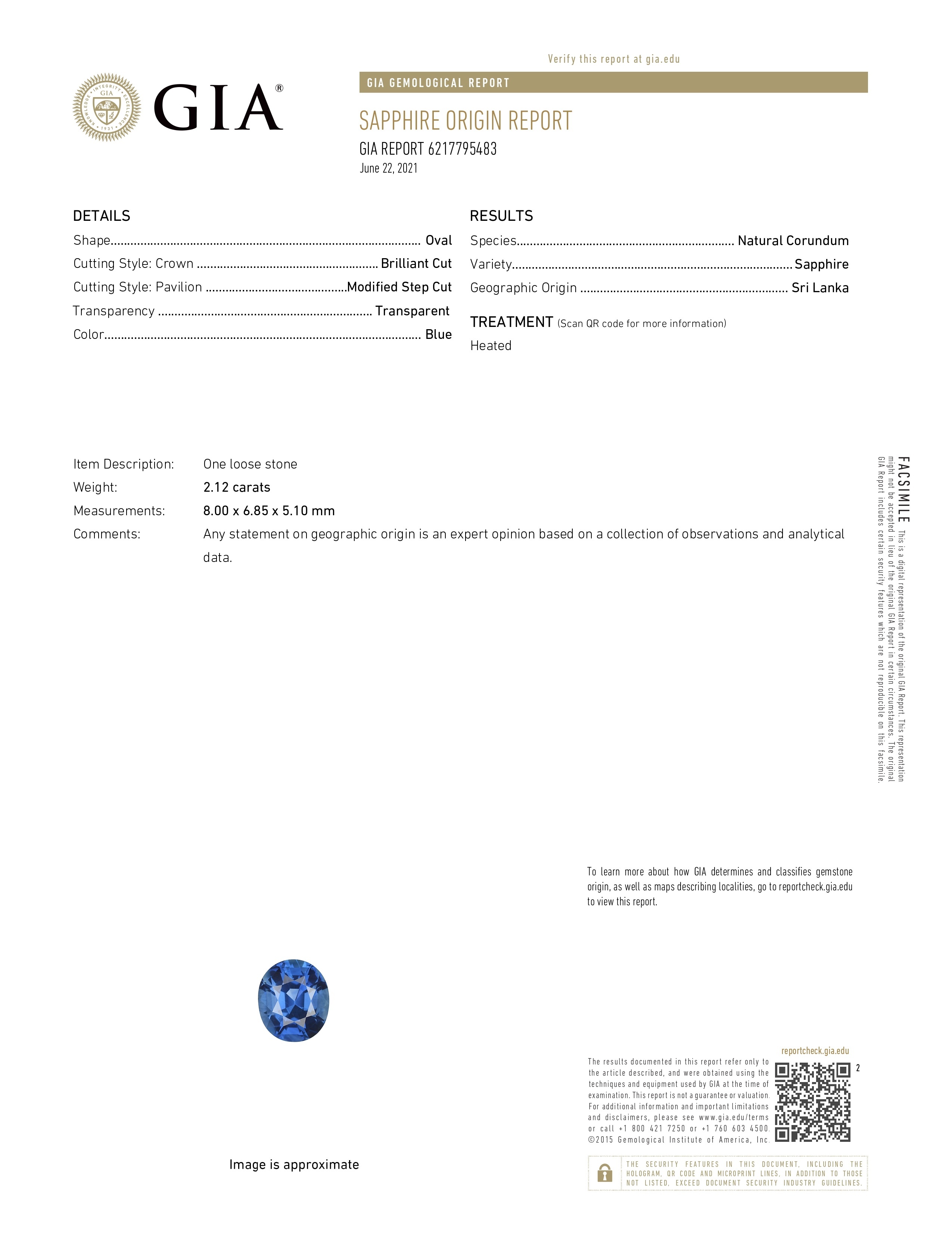 2.12 Ct. Blue Sapphire from Ceylon (Sri Lanka)