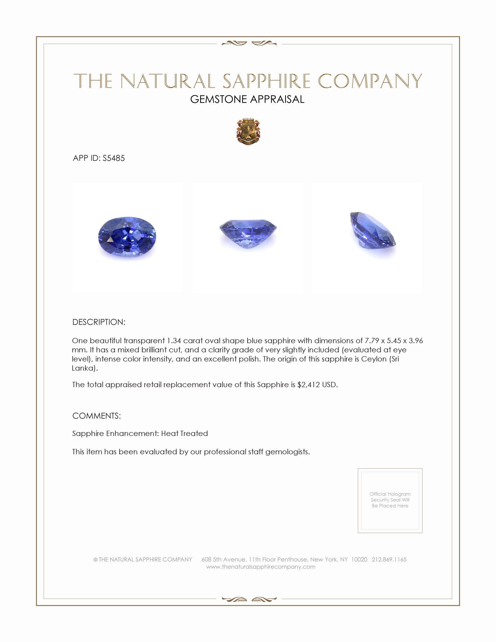 1.34 Ct. Blue Sapphire from Ceylon (Sri Lanka)
