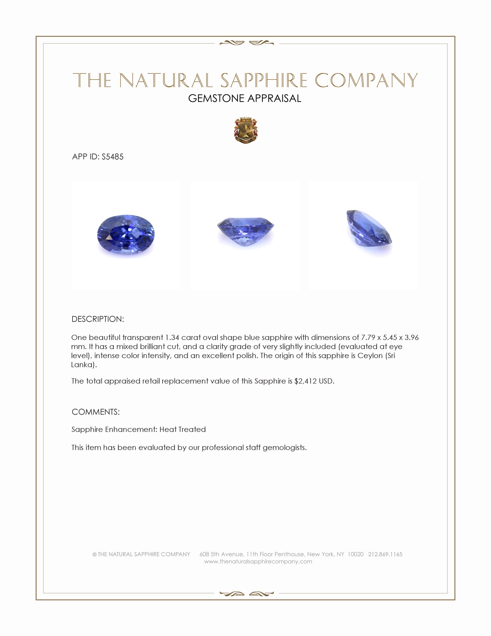 1.34 Ct. Blue Sapphire from Ceylon (Sri Lanka)