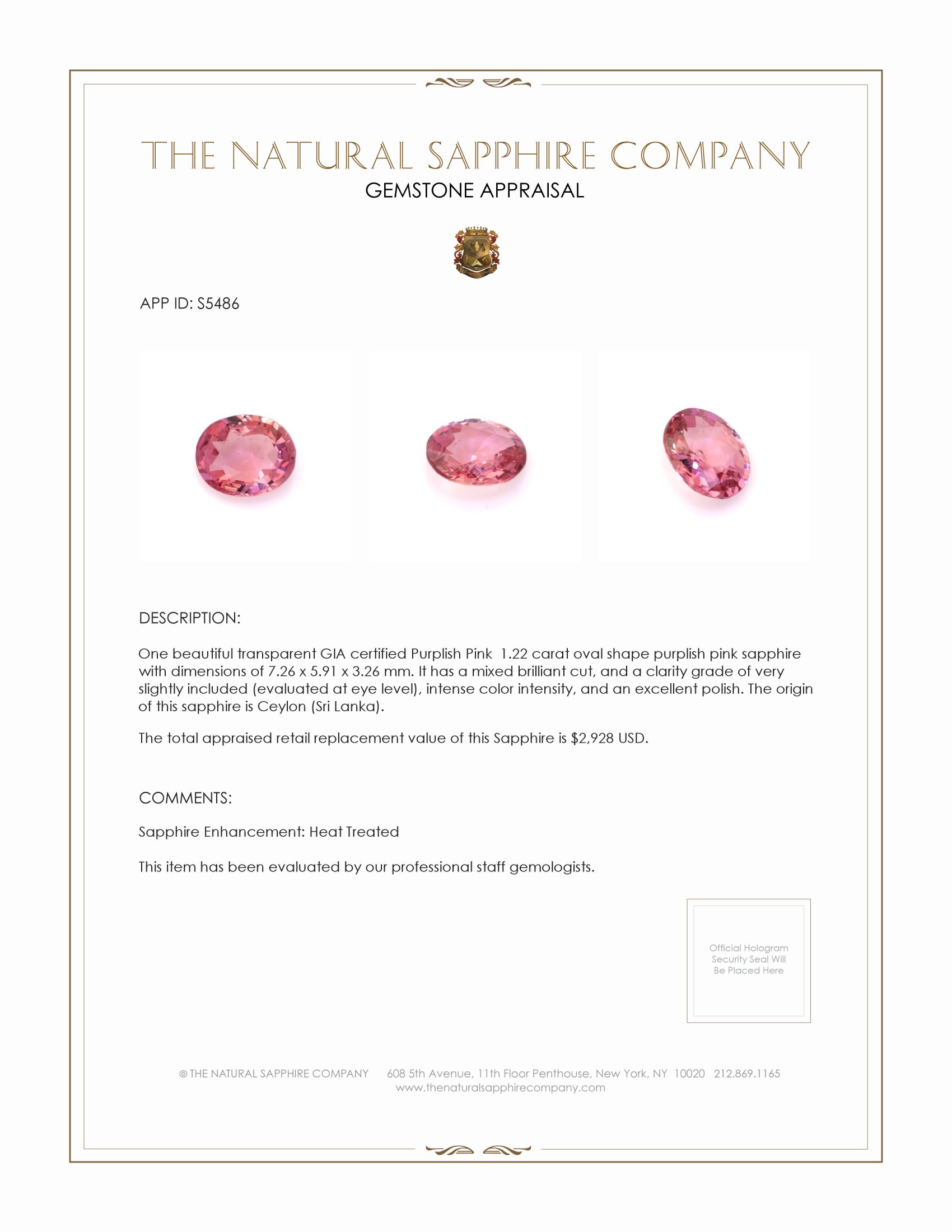1.22 Ct. Purplish Pink Sapphire from Ceylon (Sri Lanka)