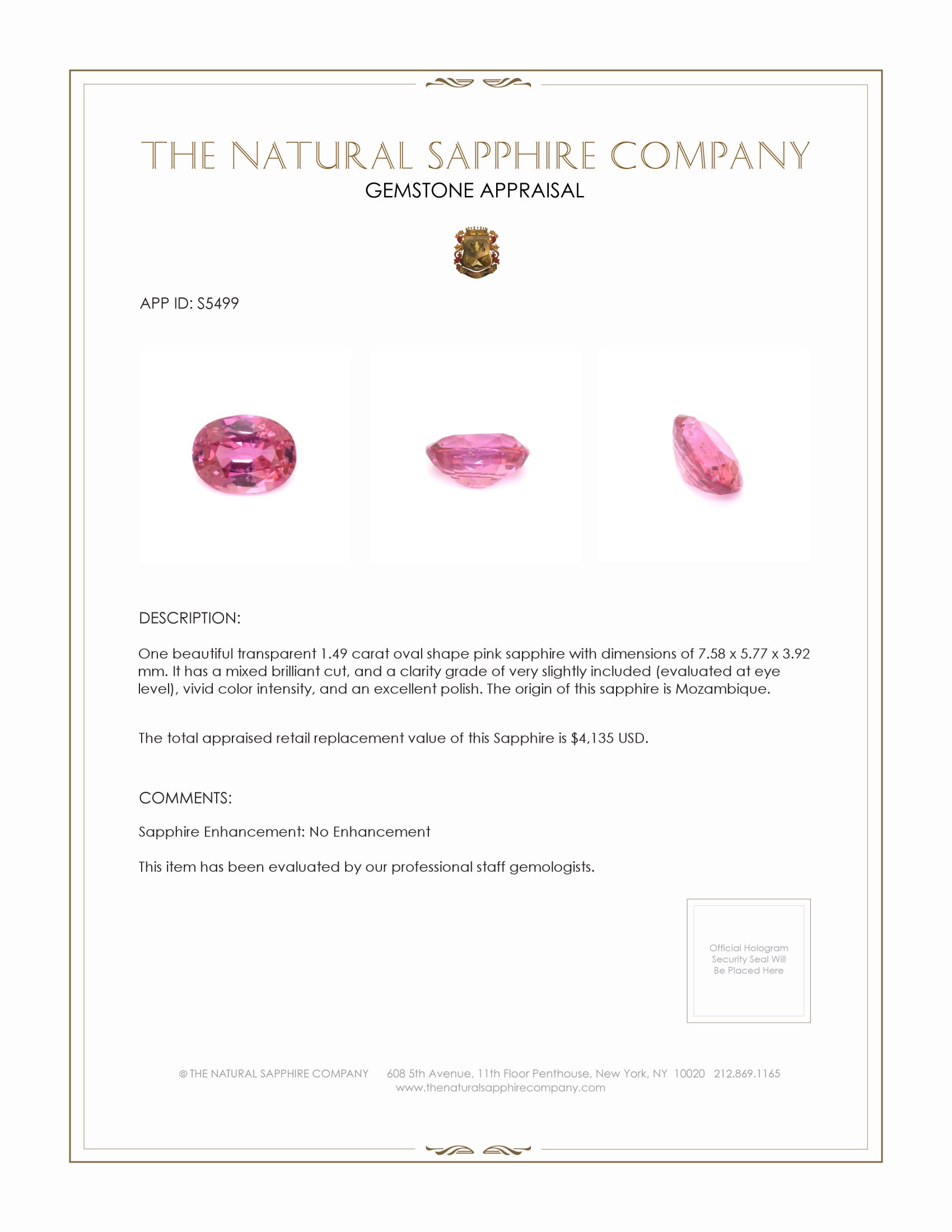 1.49 Ct. Pink Sapphire from Mozambique