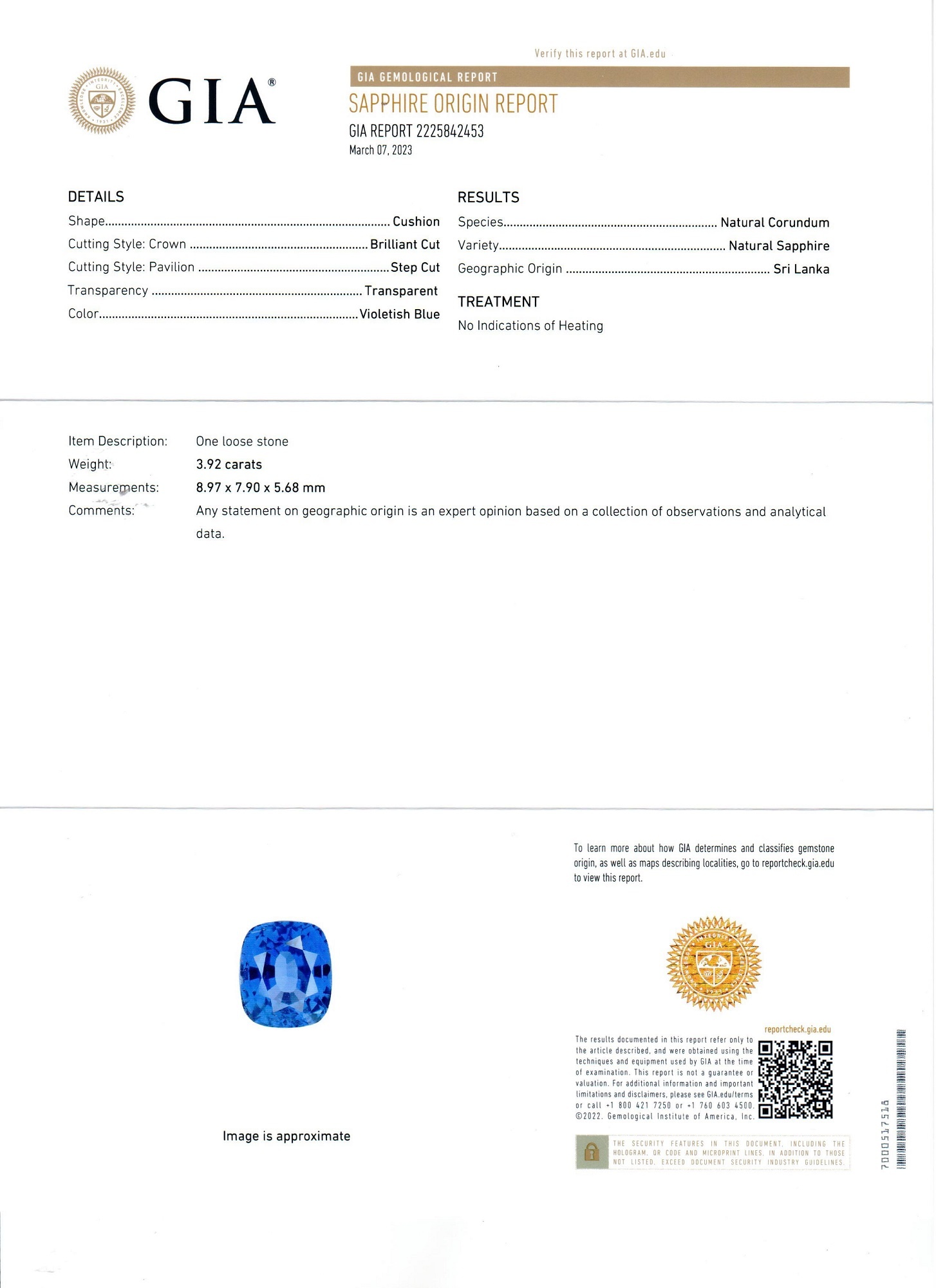 3.92 Ct. Blue Sapphire from Ceylon (Sri Lanka)