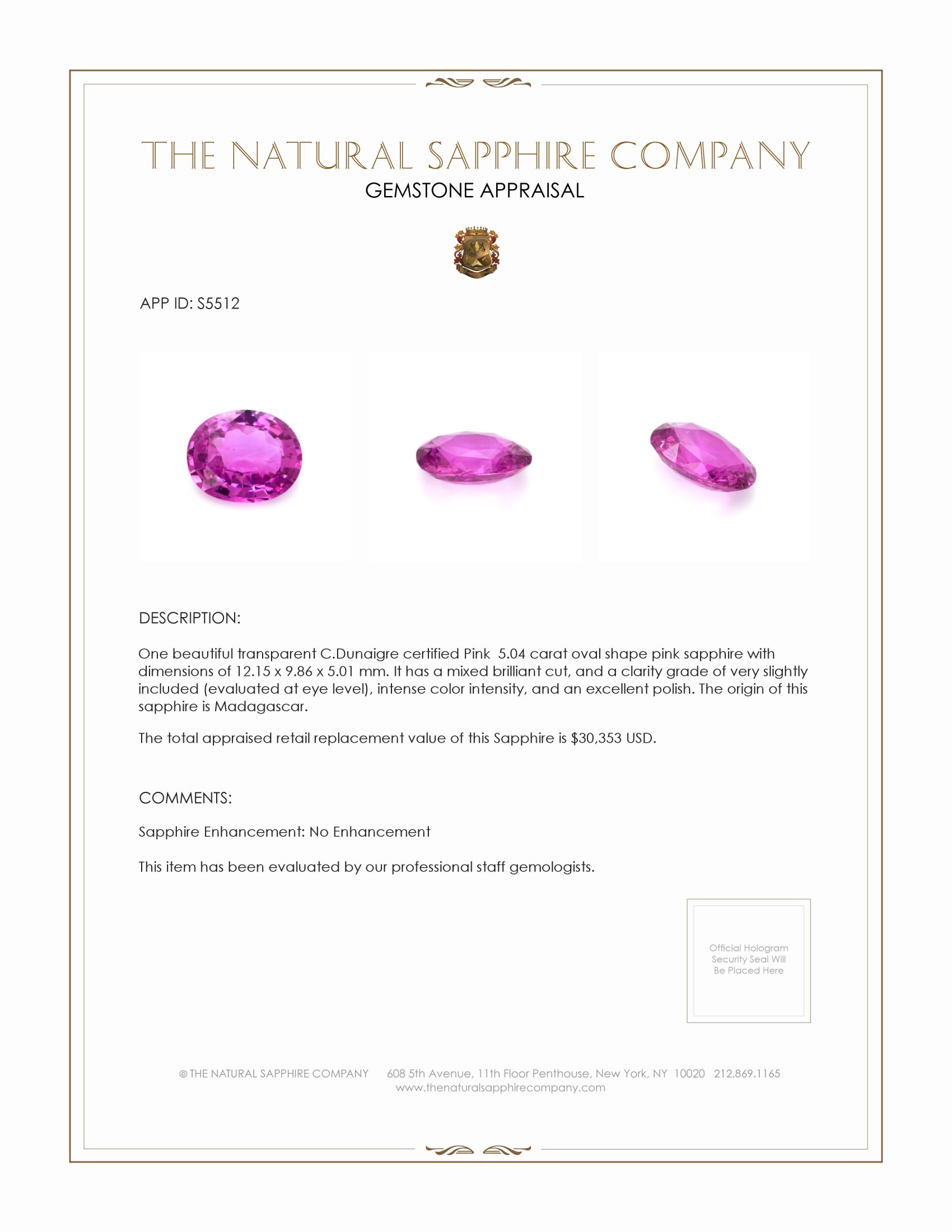 5.04 Ct. Pink Sapphire from Madagascar
