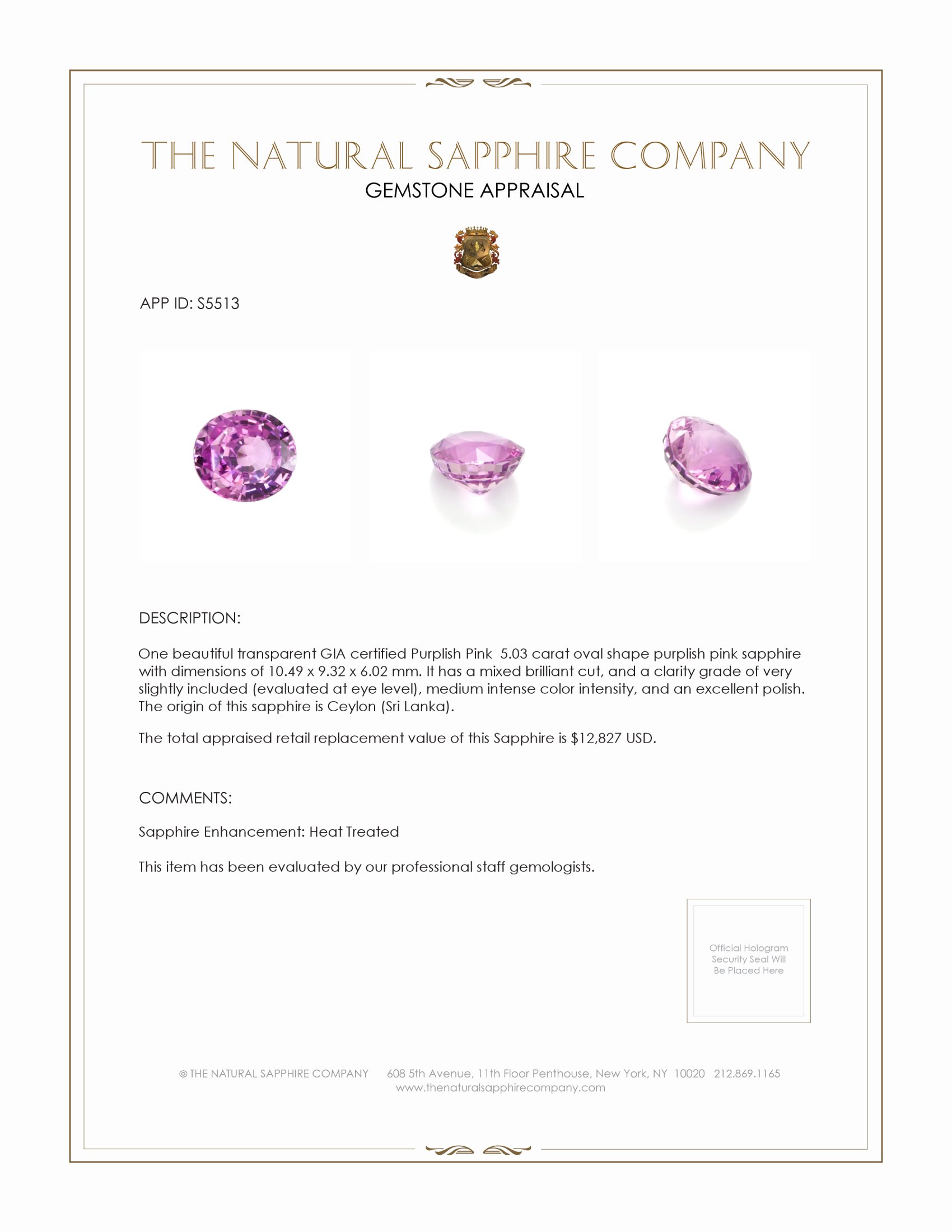 5.03 Ct. Purplish Pink Sapphire from Ceylon (Sri Lanka)
