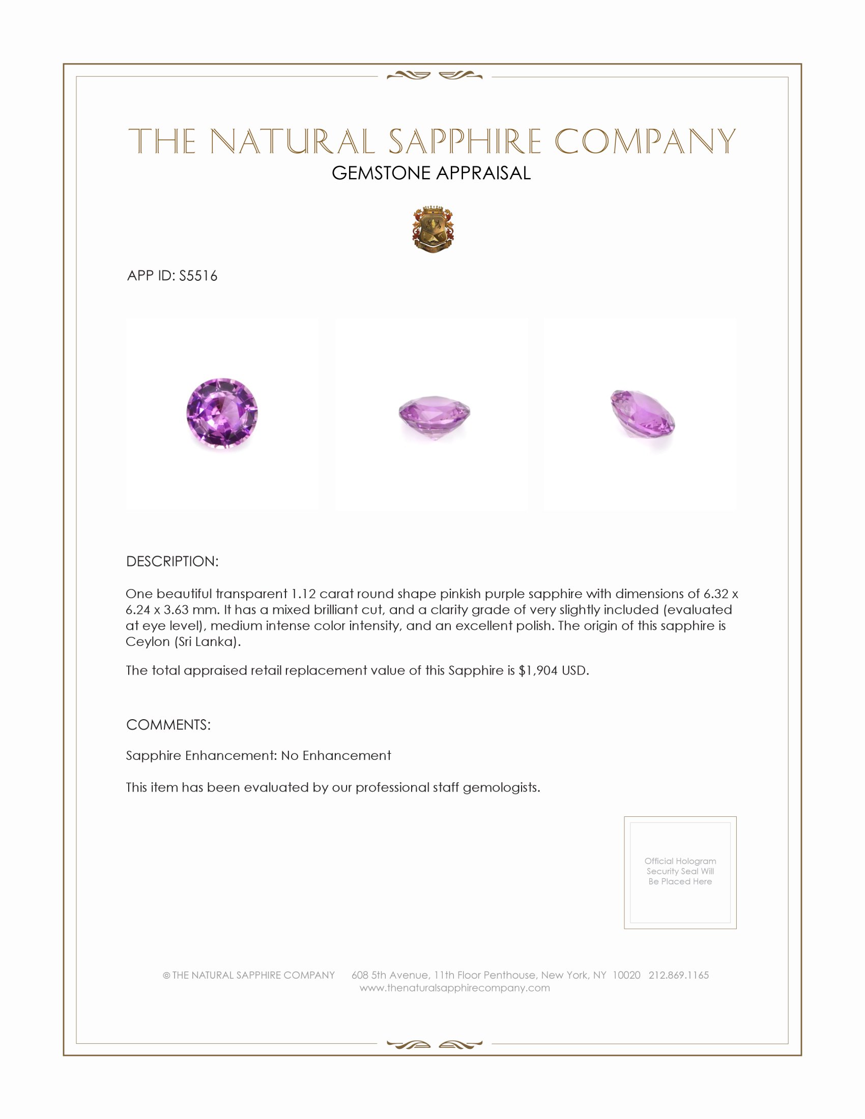 1.12 Ct. Pinkish Purple Sapphire from Ceylon (Sri Lanka)