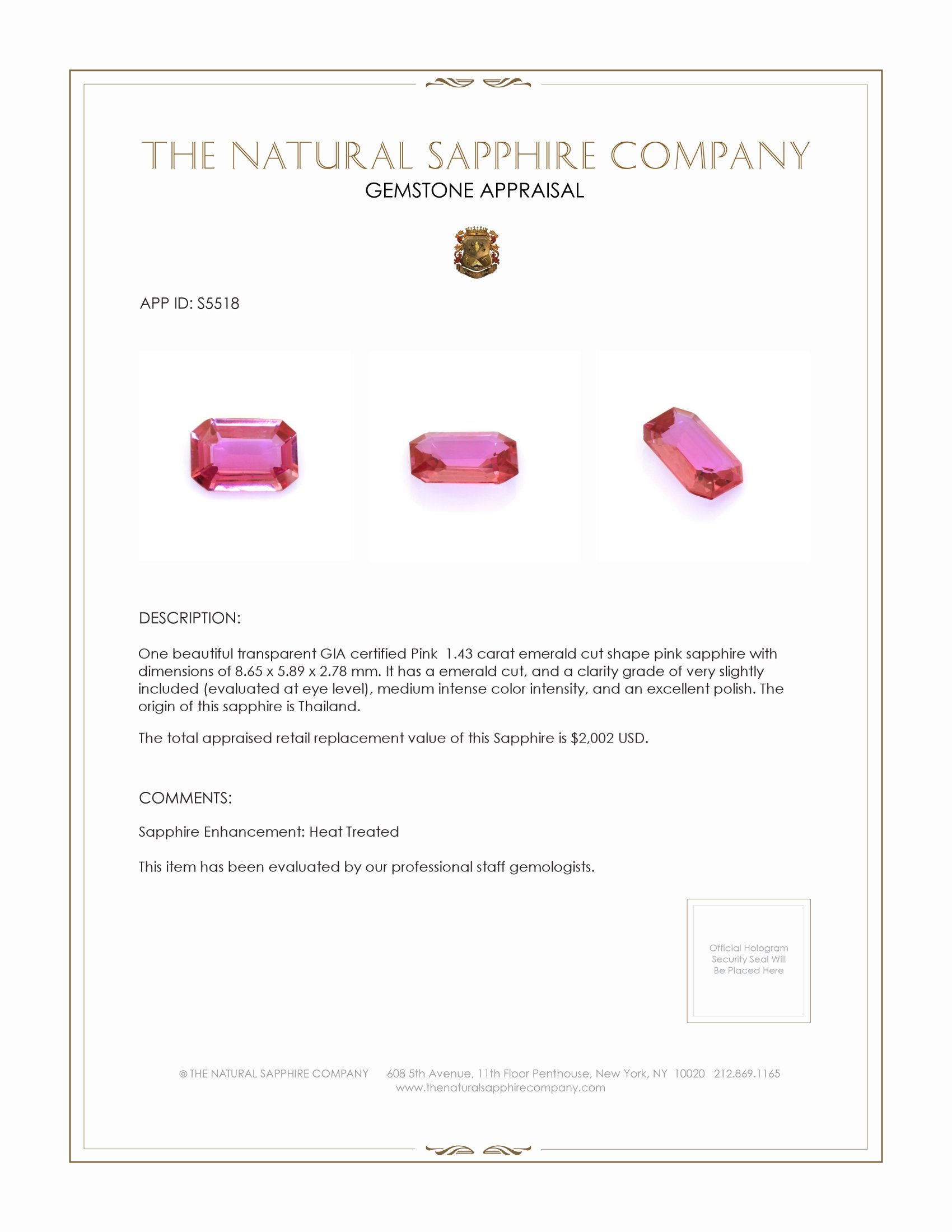 1.43 Ct. Pink Sapphire from Thailand