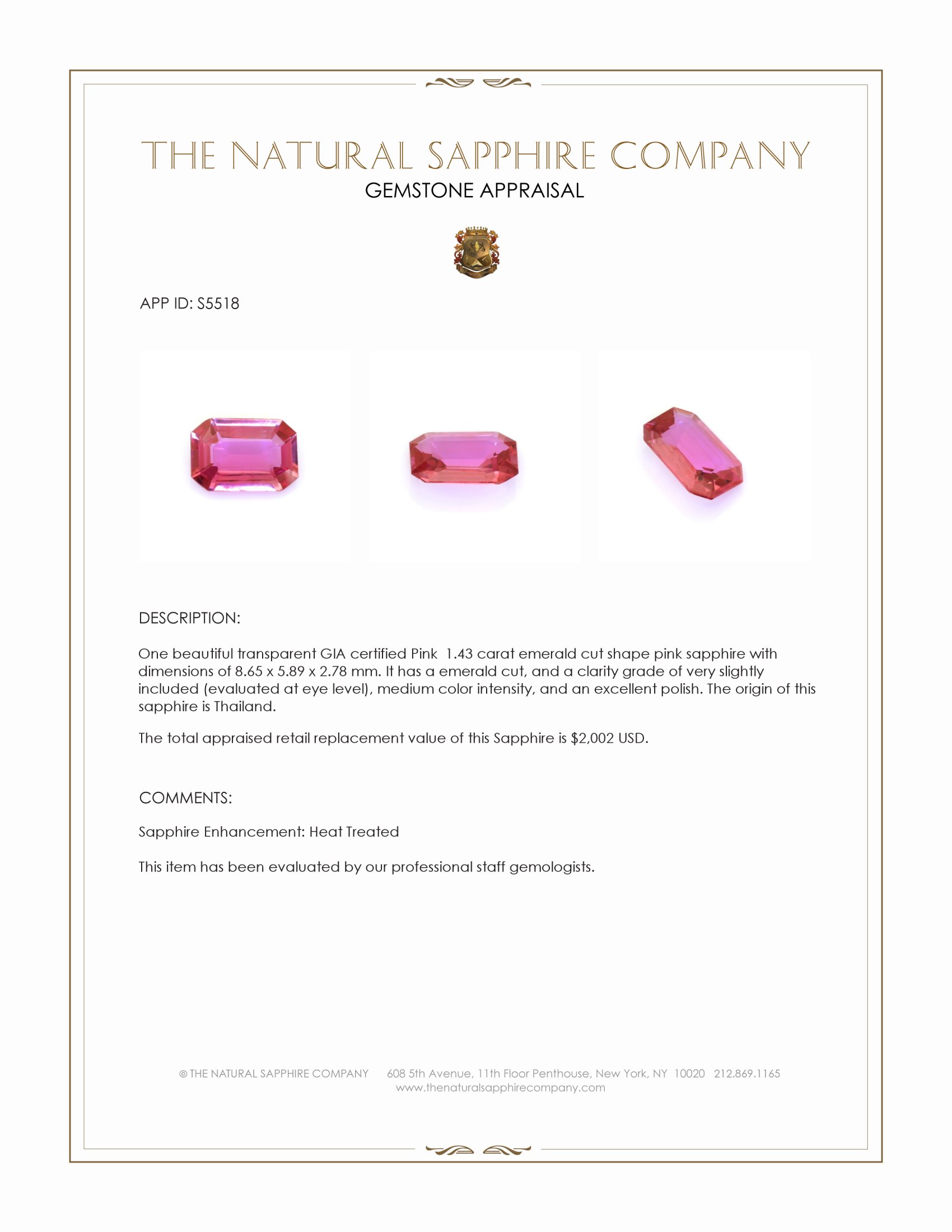 1.43 Ct. Pink Sapphire from Thailand