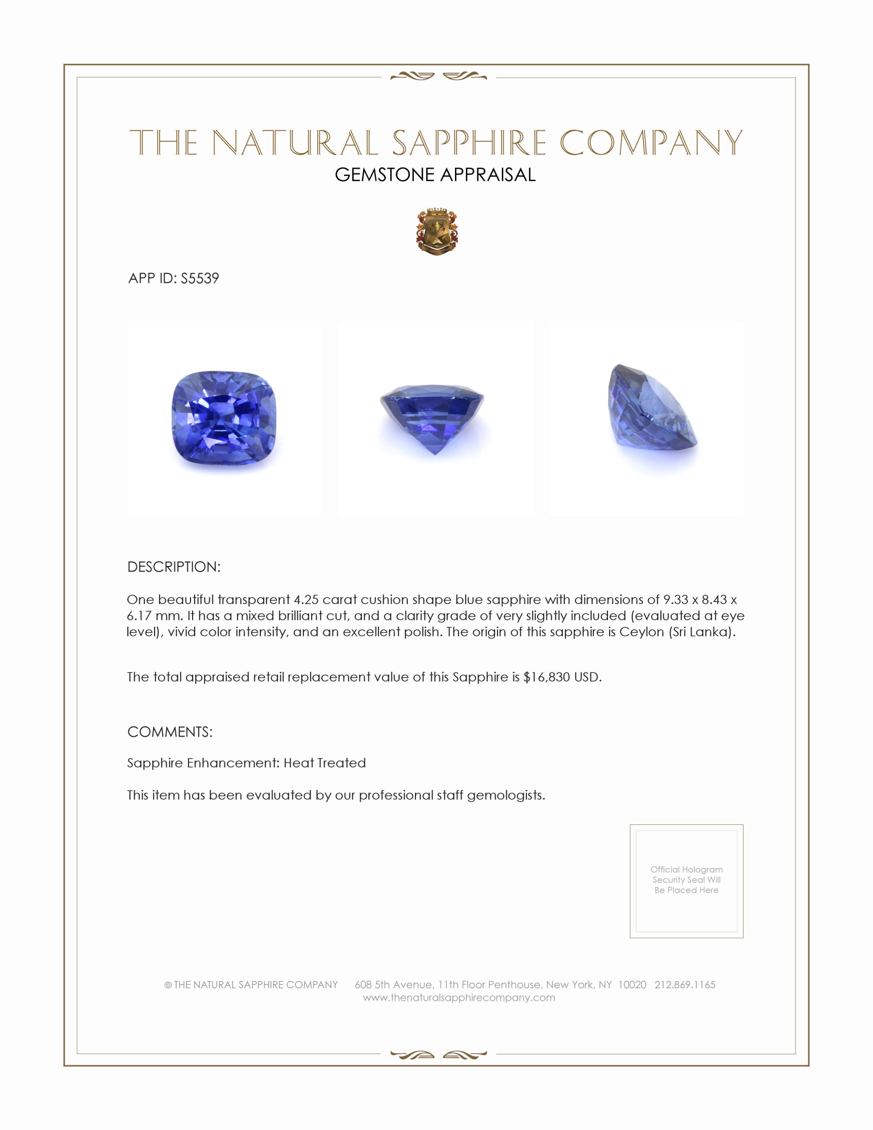 4.25 Ct. Blue Sapphire from Ceylon (Sri Lanka)
