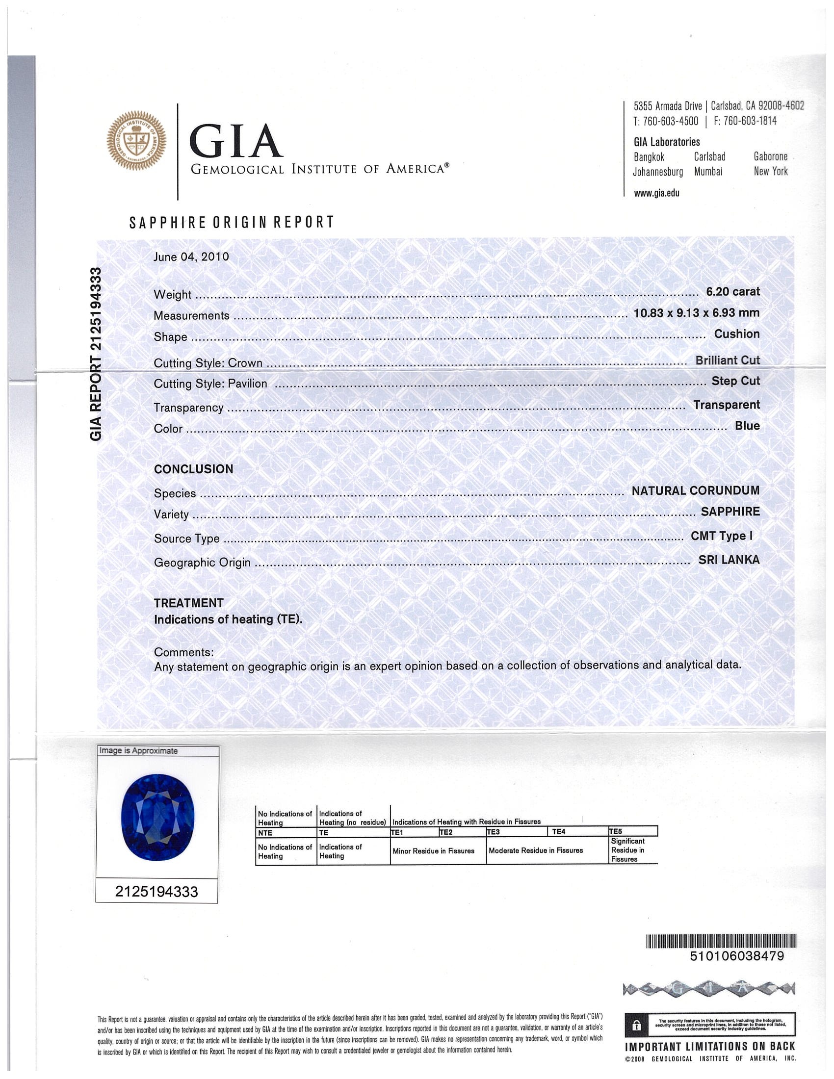 6.20 Ct. Blue Sapphire from Ceylon (Sri Lanka)