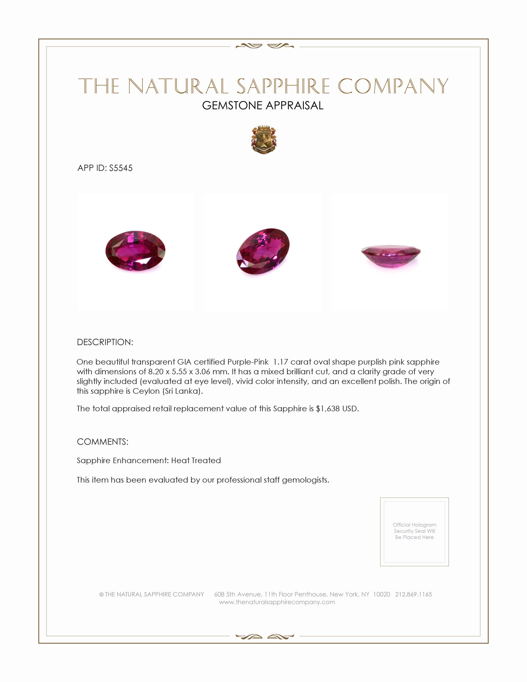 1.17 Ct. Purplish Pink Sapphire from Ceylon (Sri Lanka)