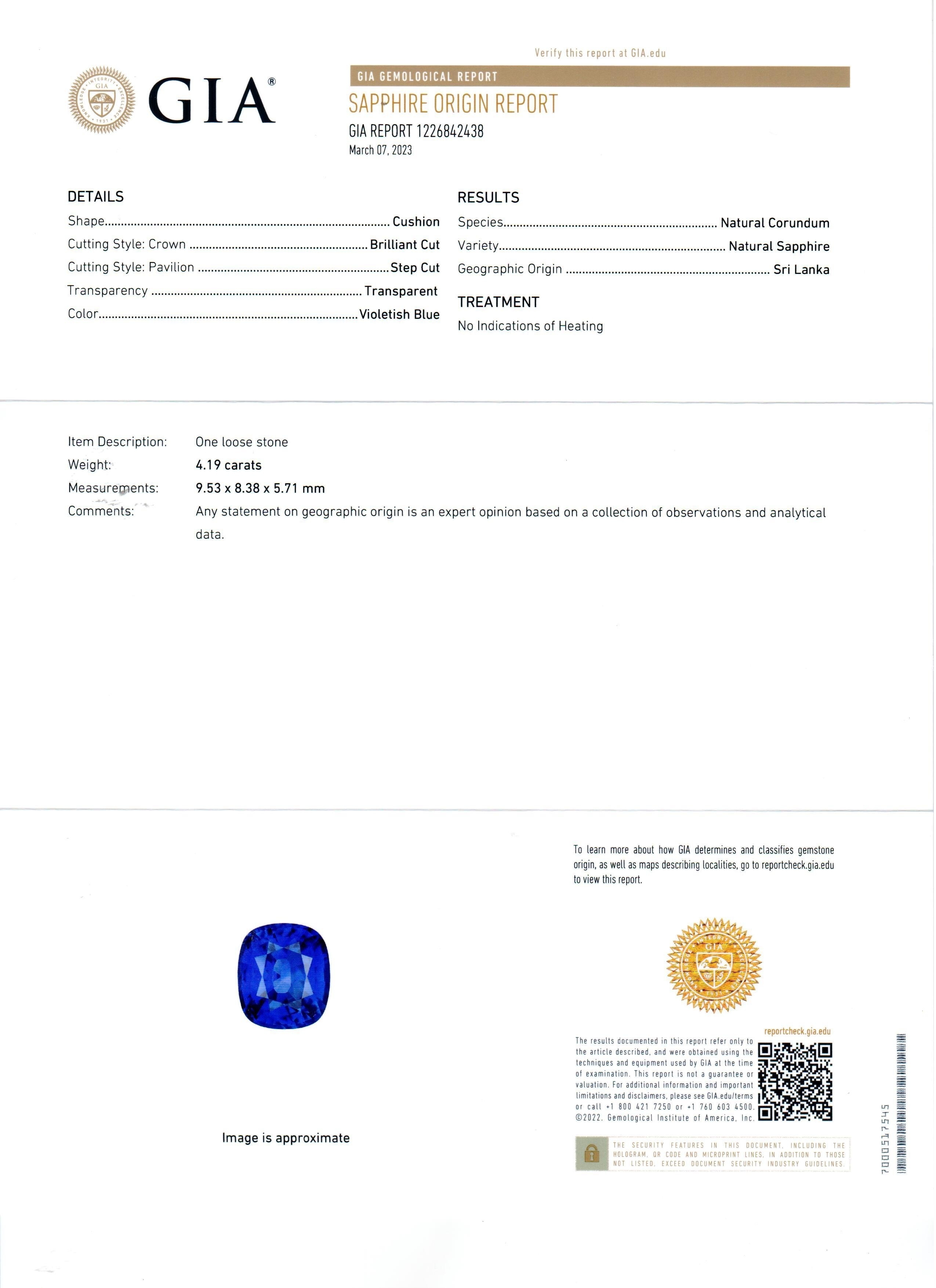 4.19 Ct. Blue Sapphire from Ceylon (Sri Lanka)