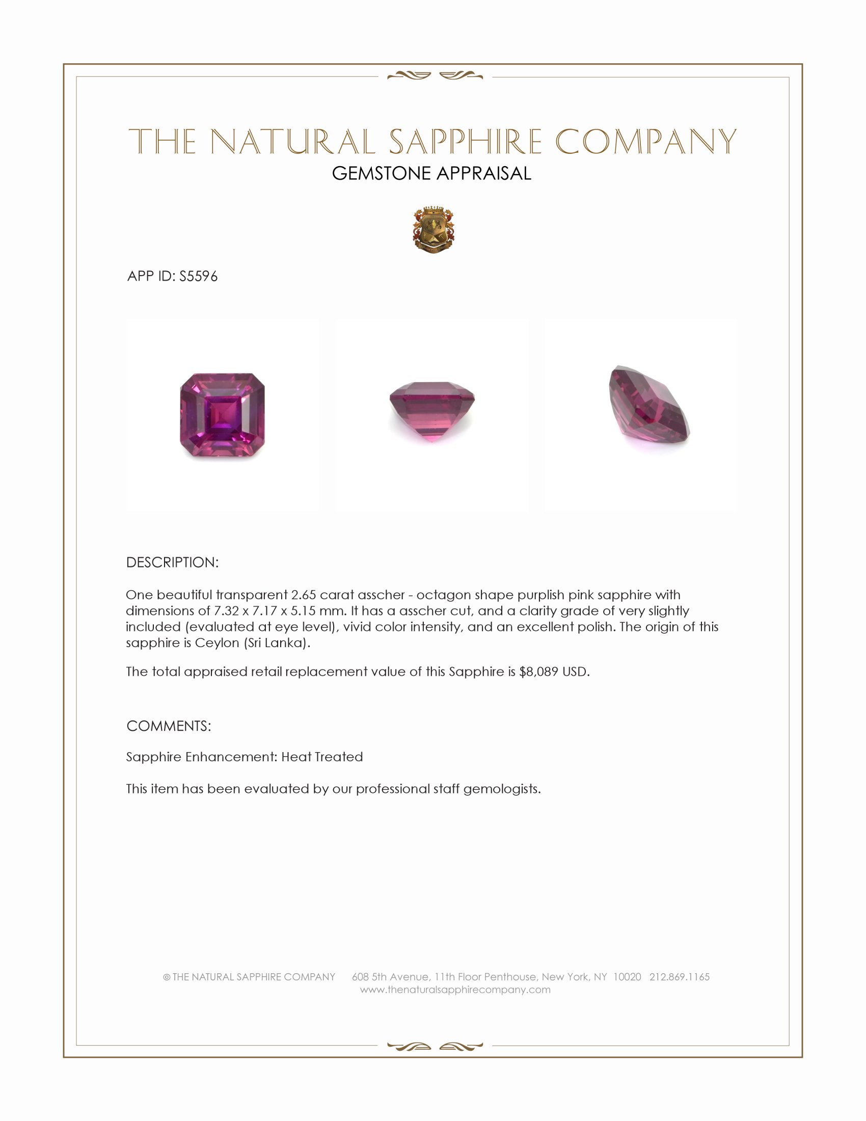 2.65 Ct. Purplish Pink Sapphire from Ceylon (Sri Lanka)