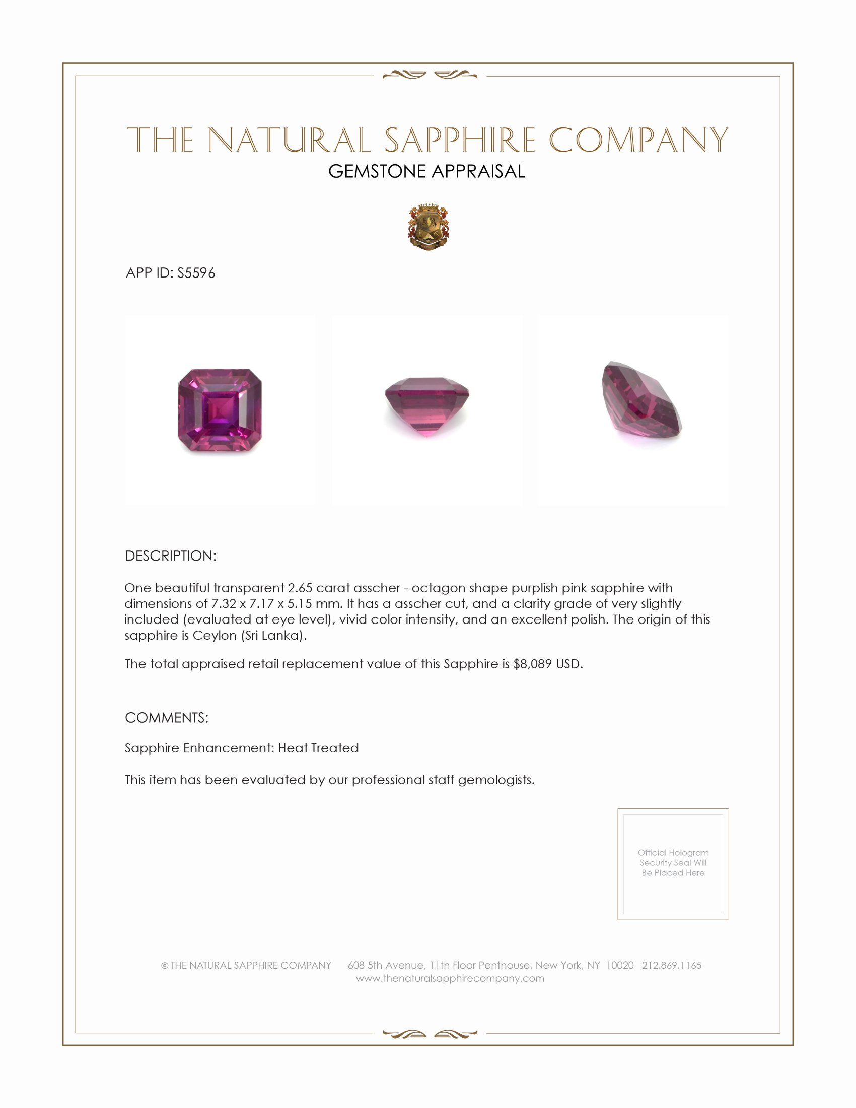 2.65 Ct. Purplish Pink Sapphire from Ceylon (Sri Lanka)