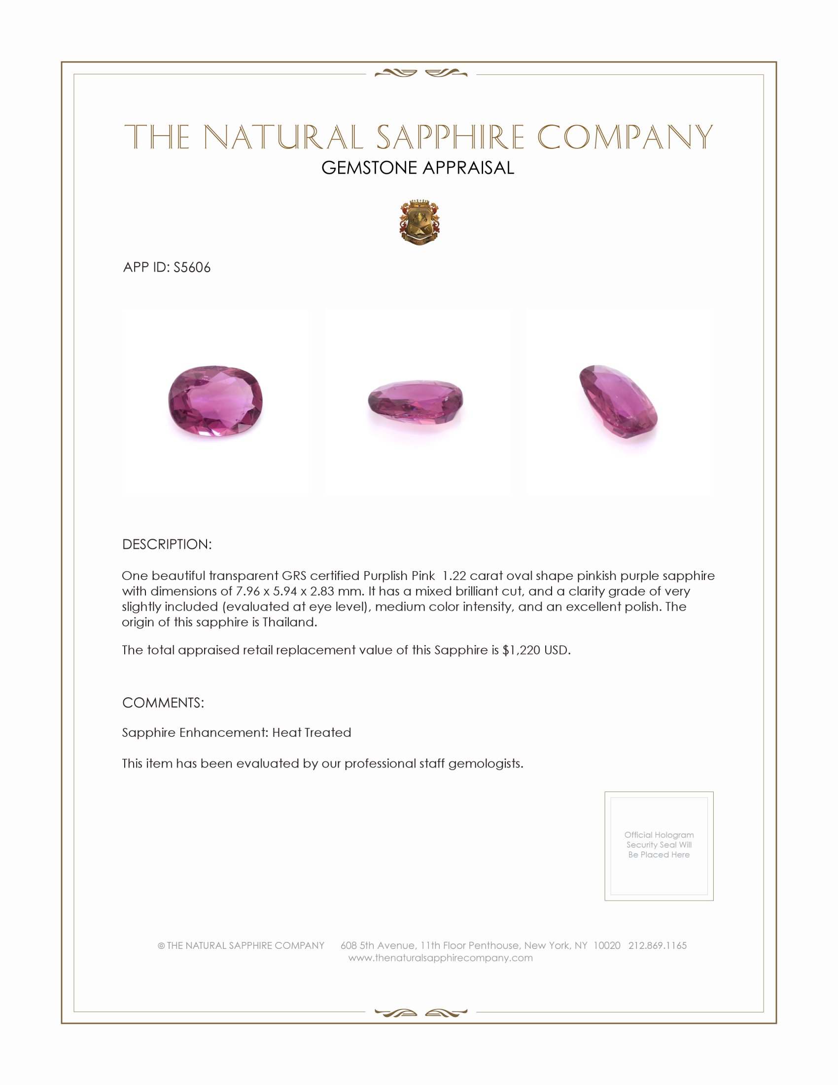 1.22 Ct. Pinkish Purple Sapphire from Thailand