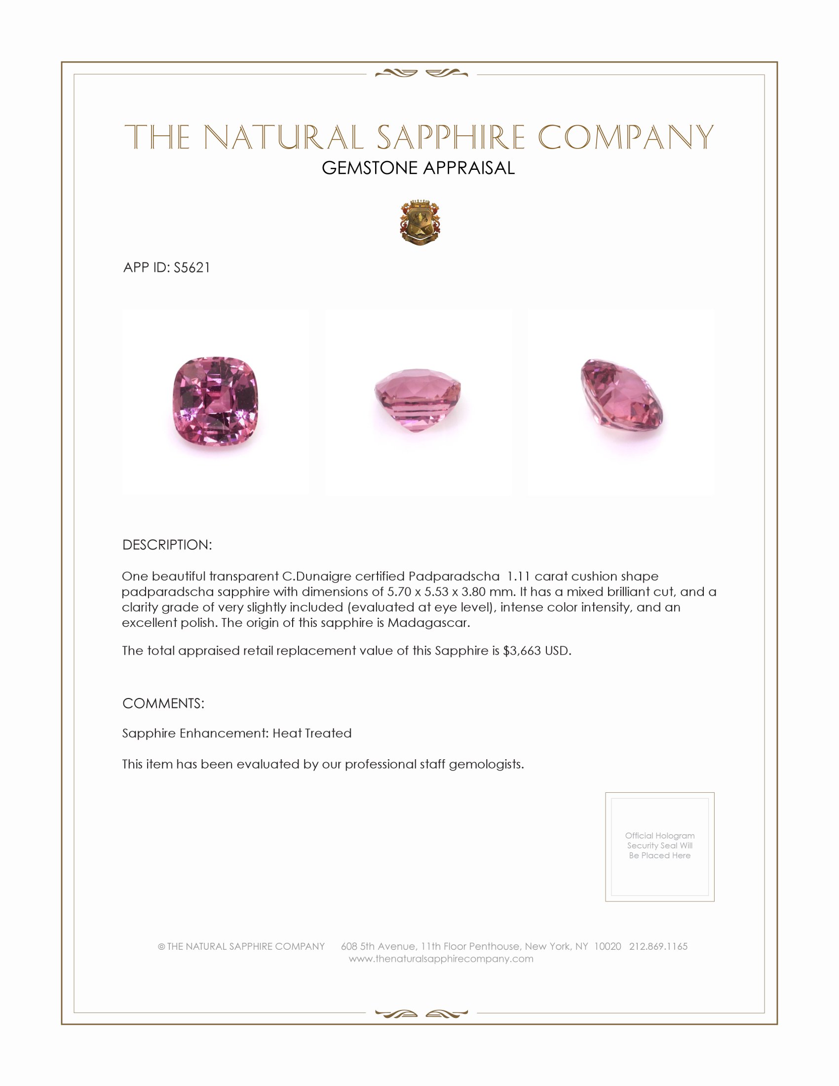 1.11 Ct. Padparadscha Sapphire from Madagascar