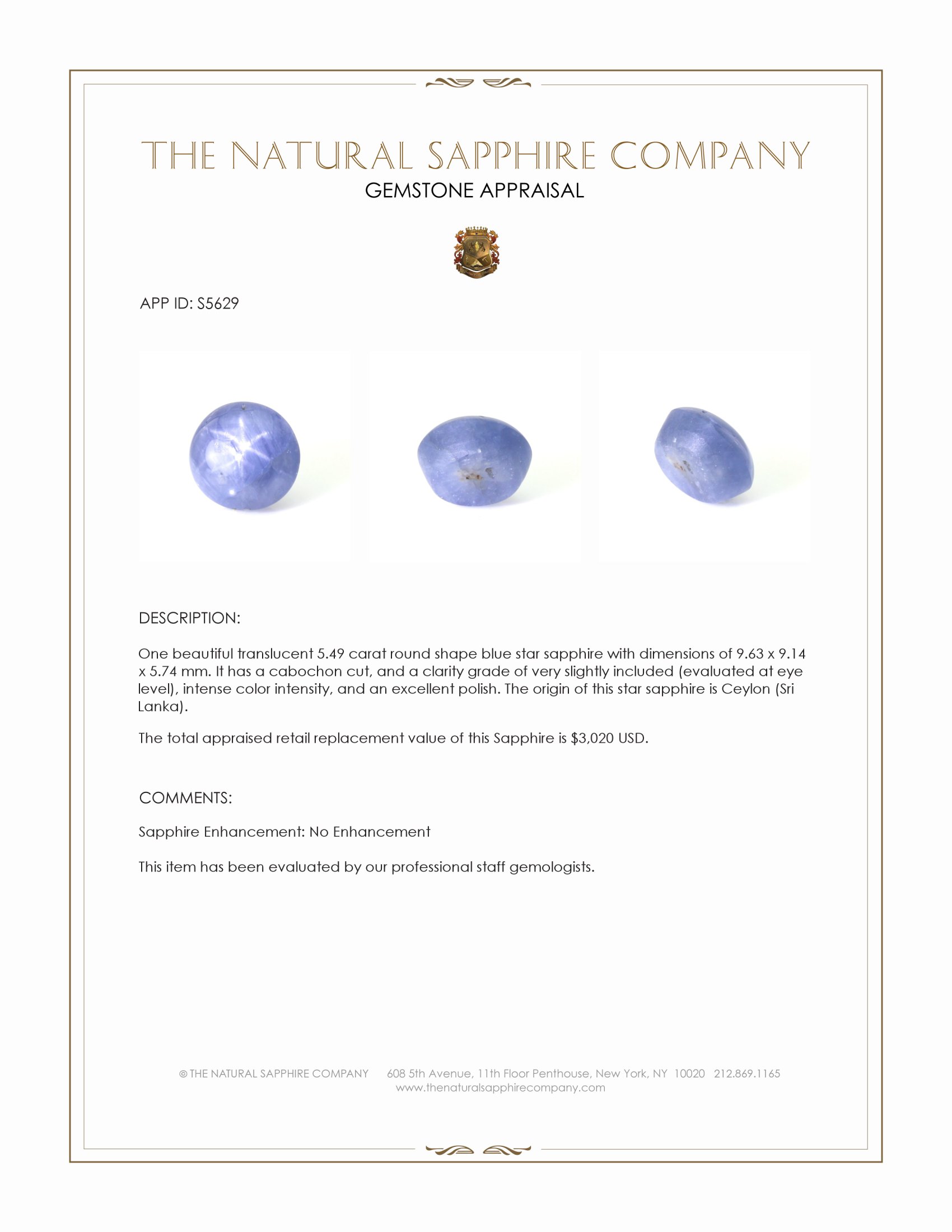 5.49 Ct. Blue Star Sapphire from Ceylon (Sri Lanka)