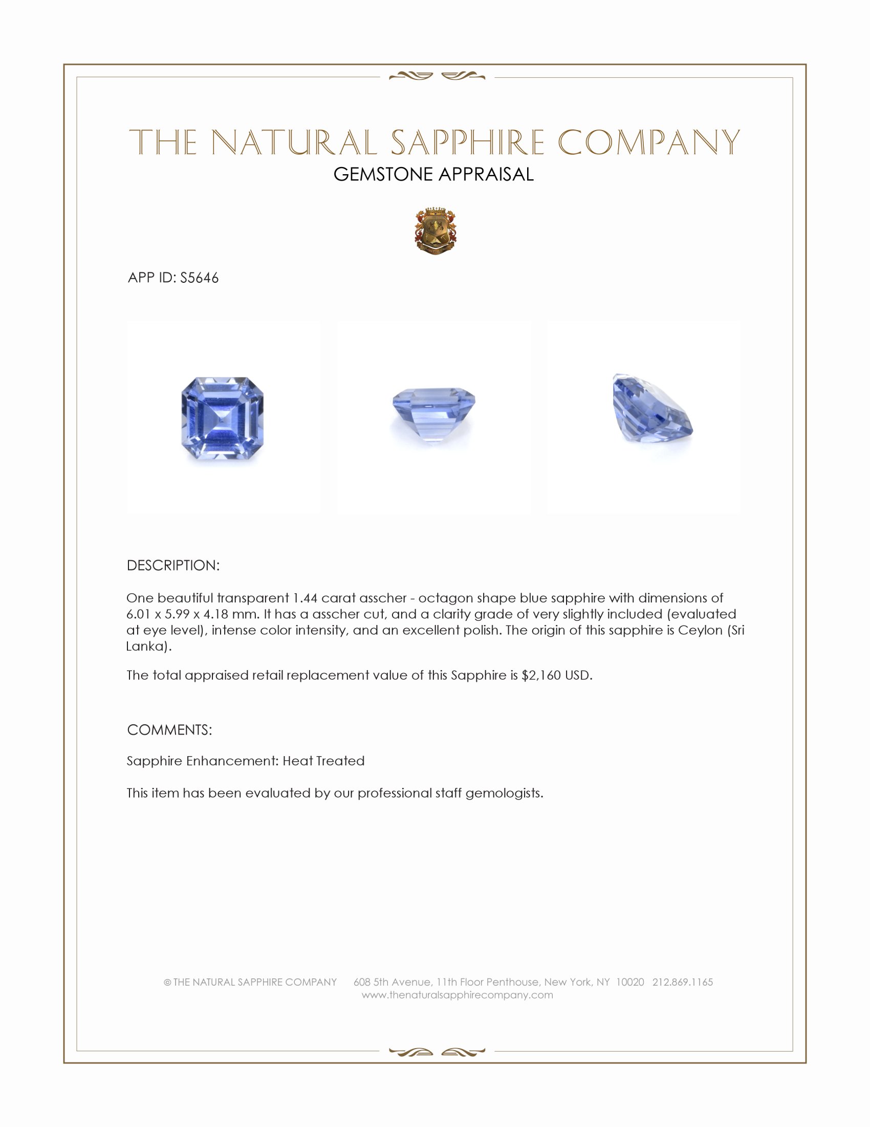 1.44 Ct. Blue Sapphire from Ceylon (Sri Lanka)