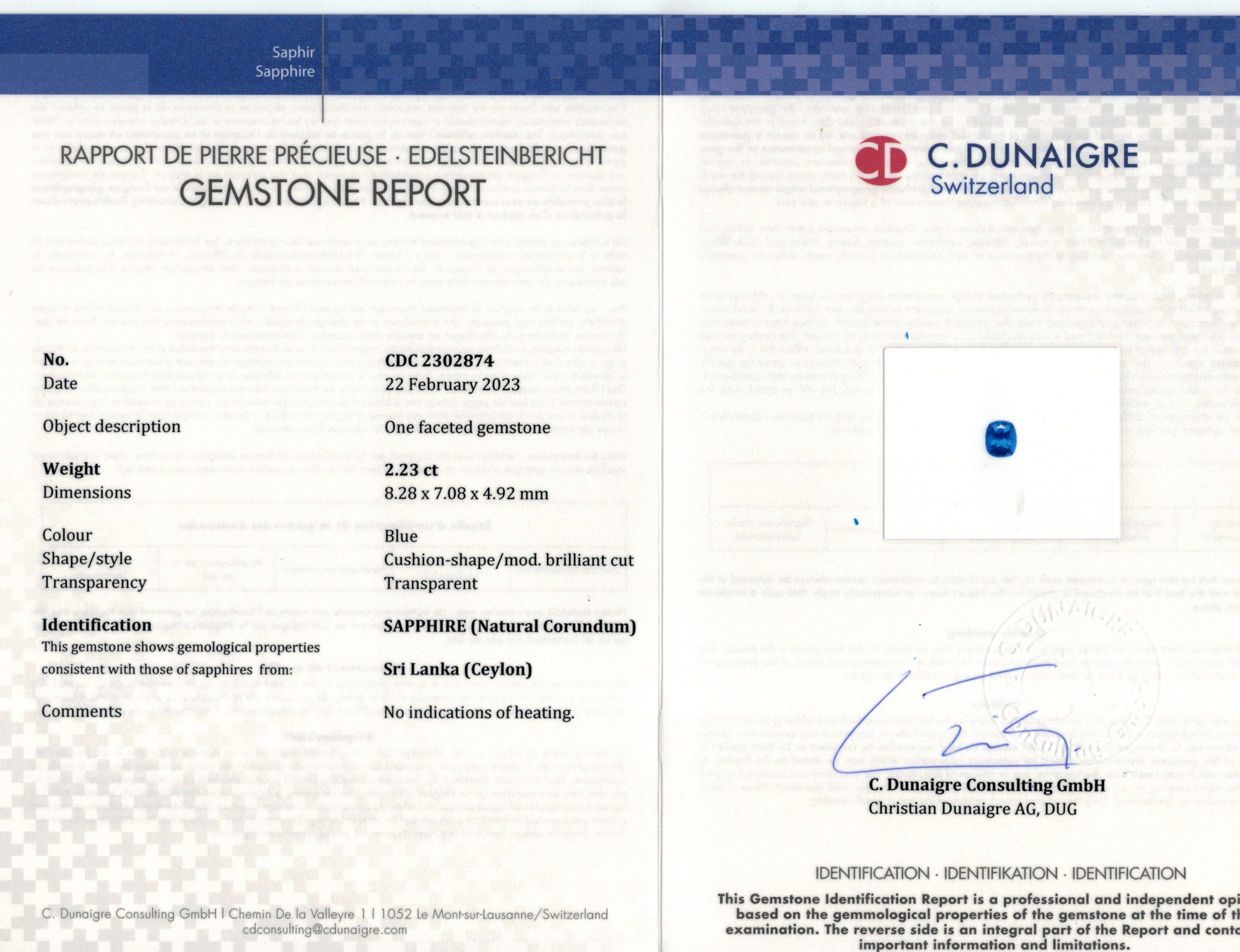 2.23 Ct. Blue Sapphire from Ceylon (Sri Lanka)