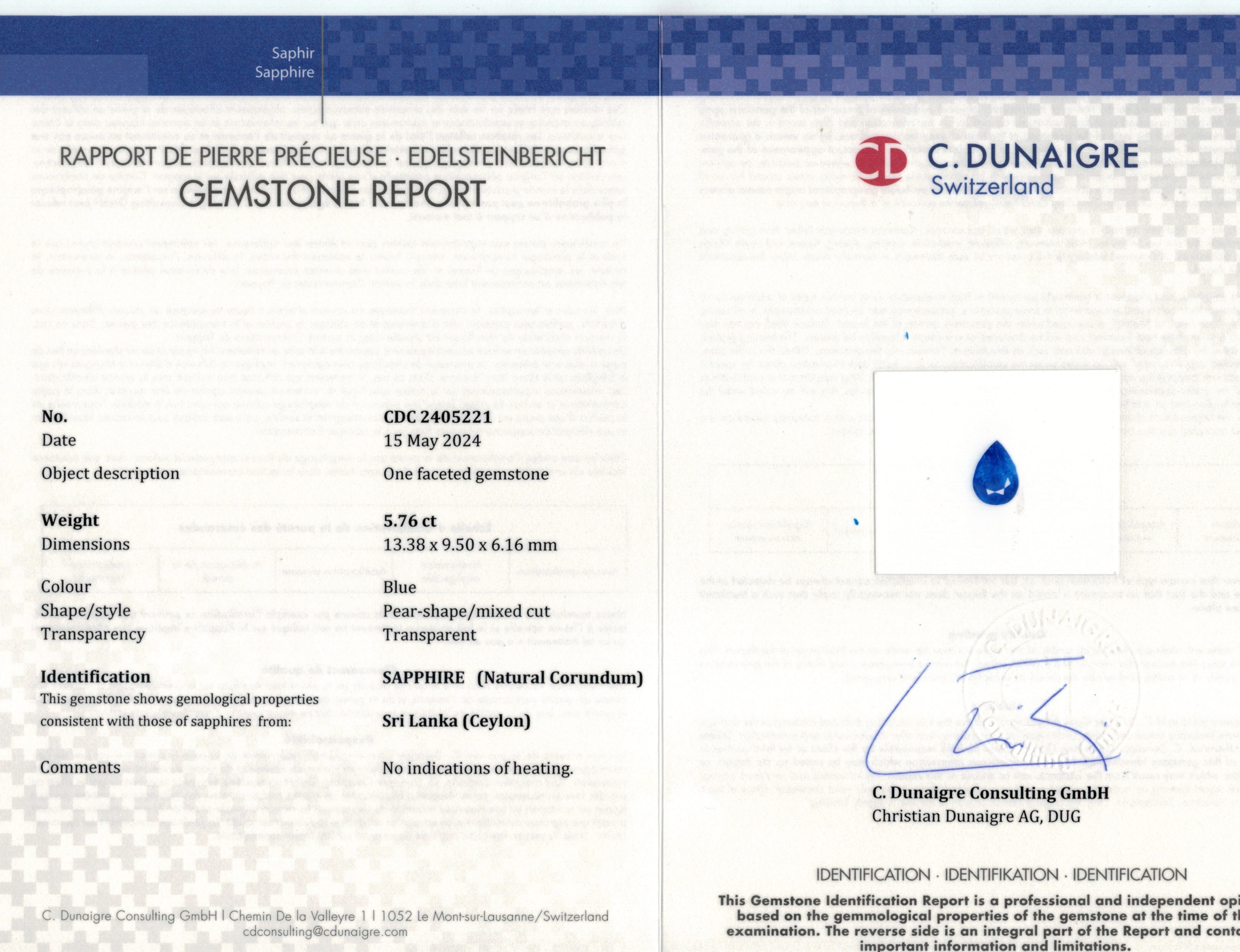 5.76 Ct. Blue Sapphire from Ceylon (Sri Lanka)