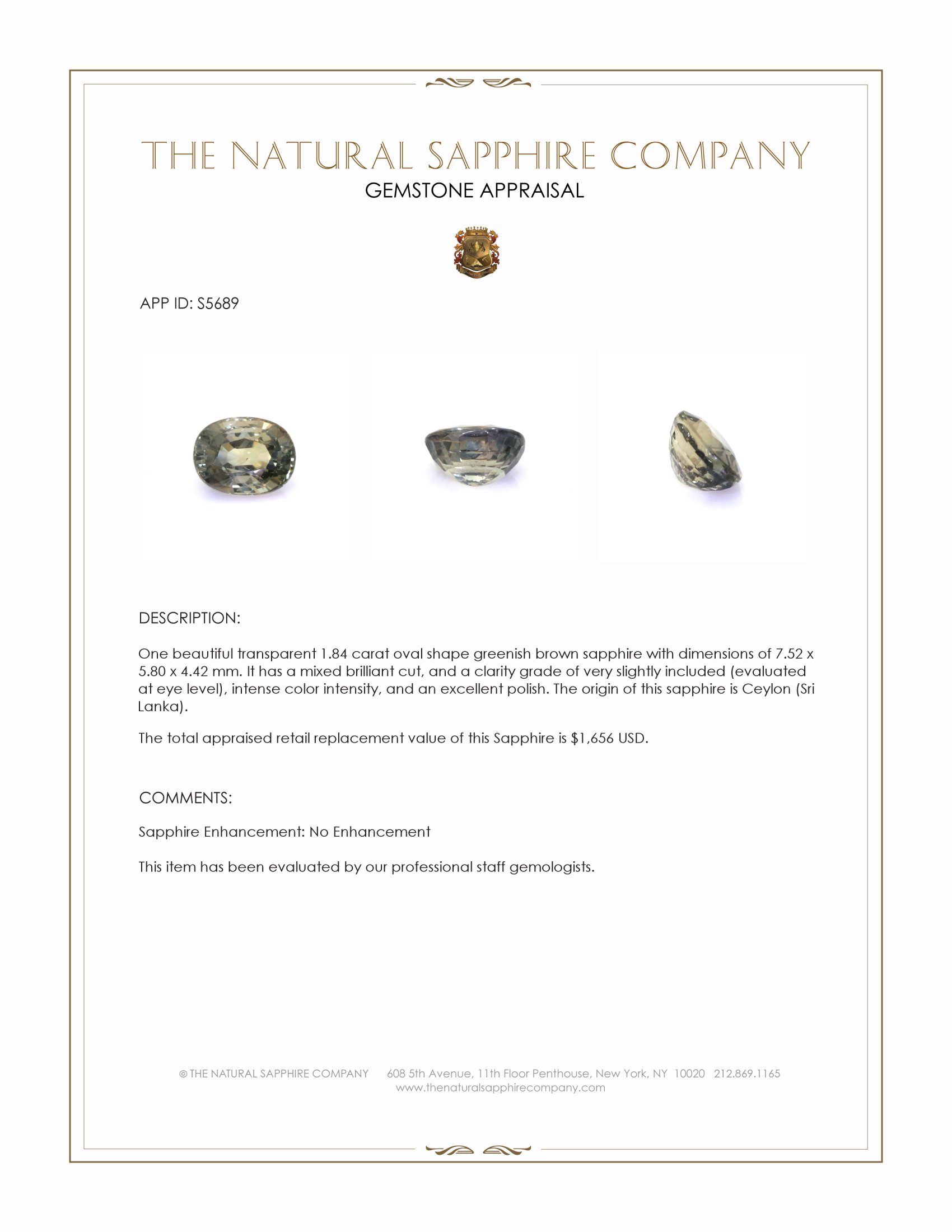 1.84 Ct. Greenish Brown Sapphire from Ceylon (Sri Lanka)