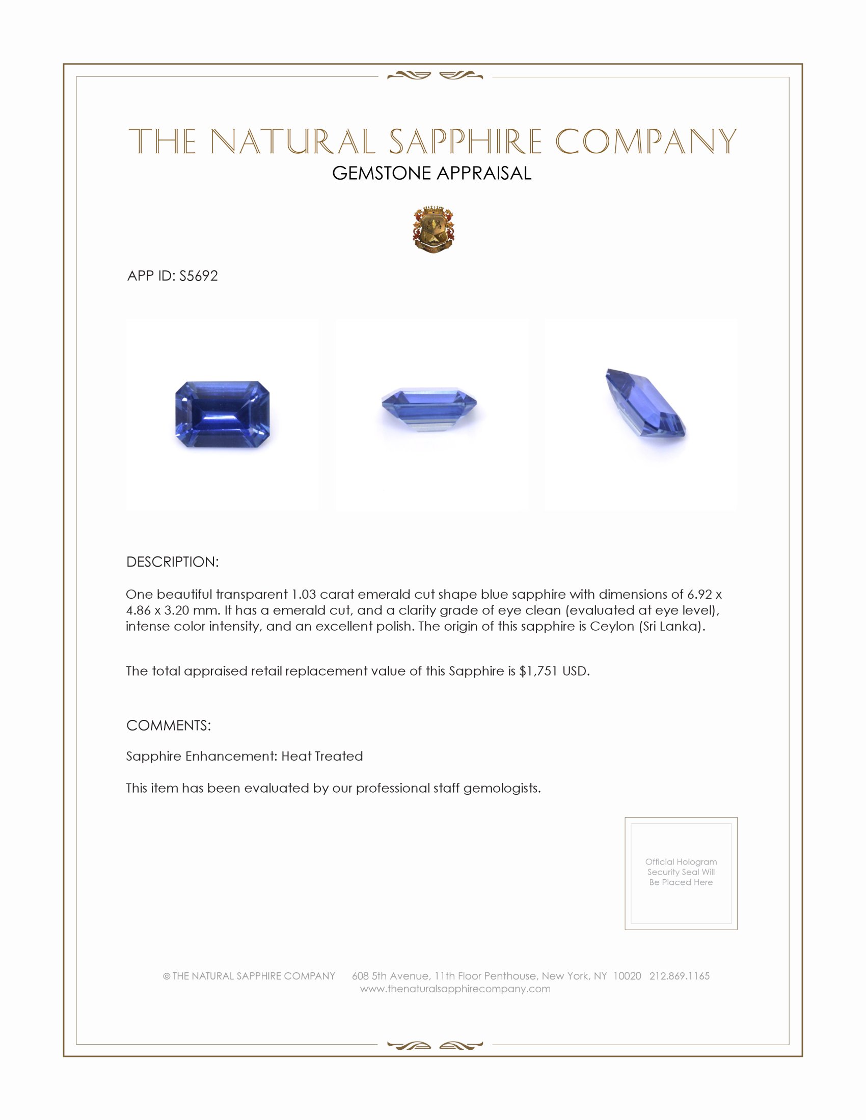 1.03 Ct. Blue Sapphire from Ceylon (Sri Lanka)
