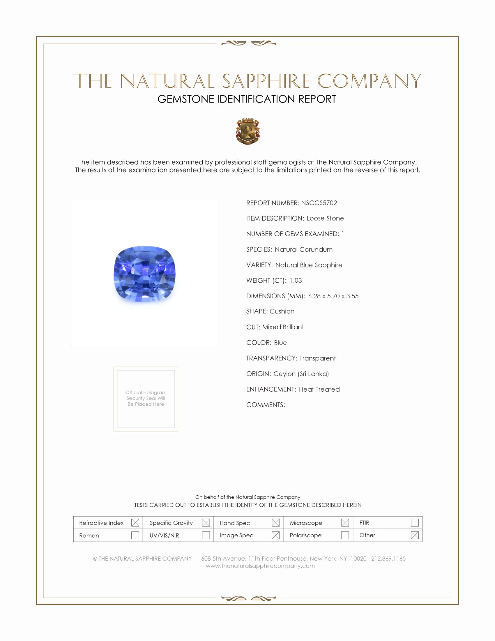 1.03 Ct. Blue Sapphire from Ceylon (Sri Lanka)